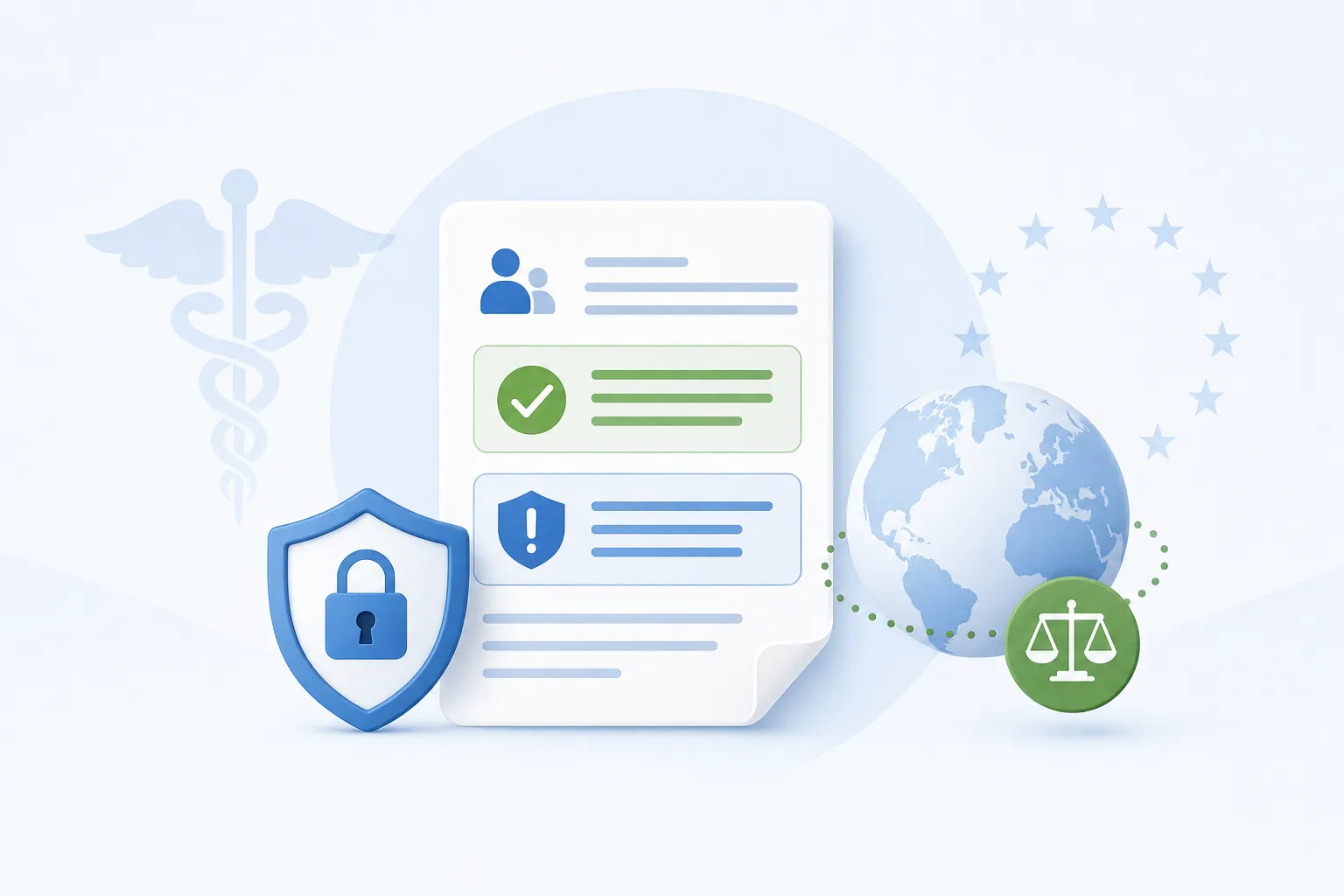 A clinical trial coordinator reviewing an informed consent form alongside a data governance checklist, representing ICF boilerplate review and open-access database disclosure compliance
