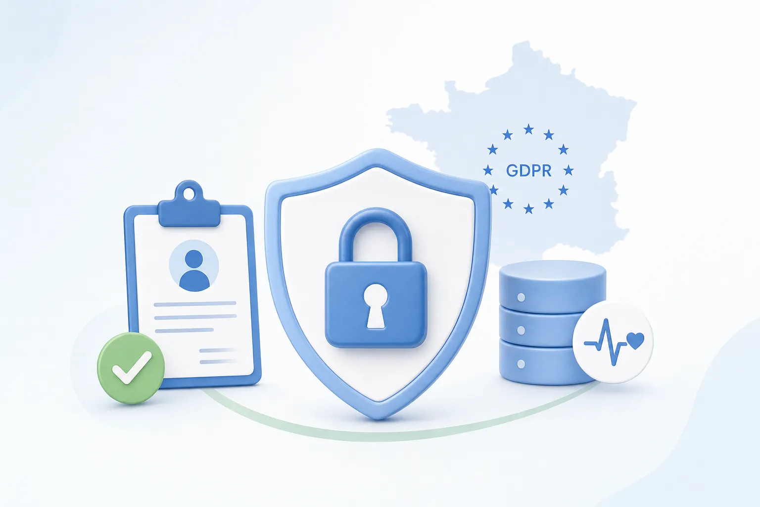 Illustration of the CNIL MR-001 framework applied to a clinical trial data compliance workflow in France, showing patient data flow and security controls