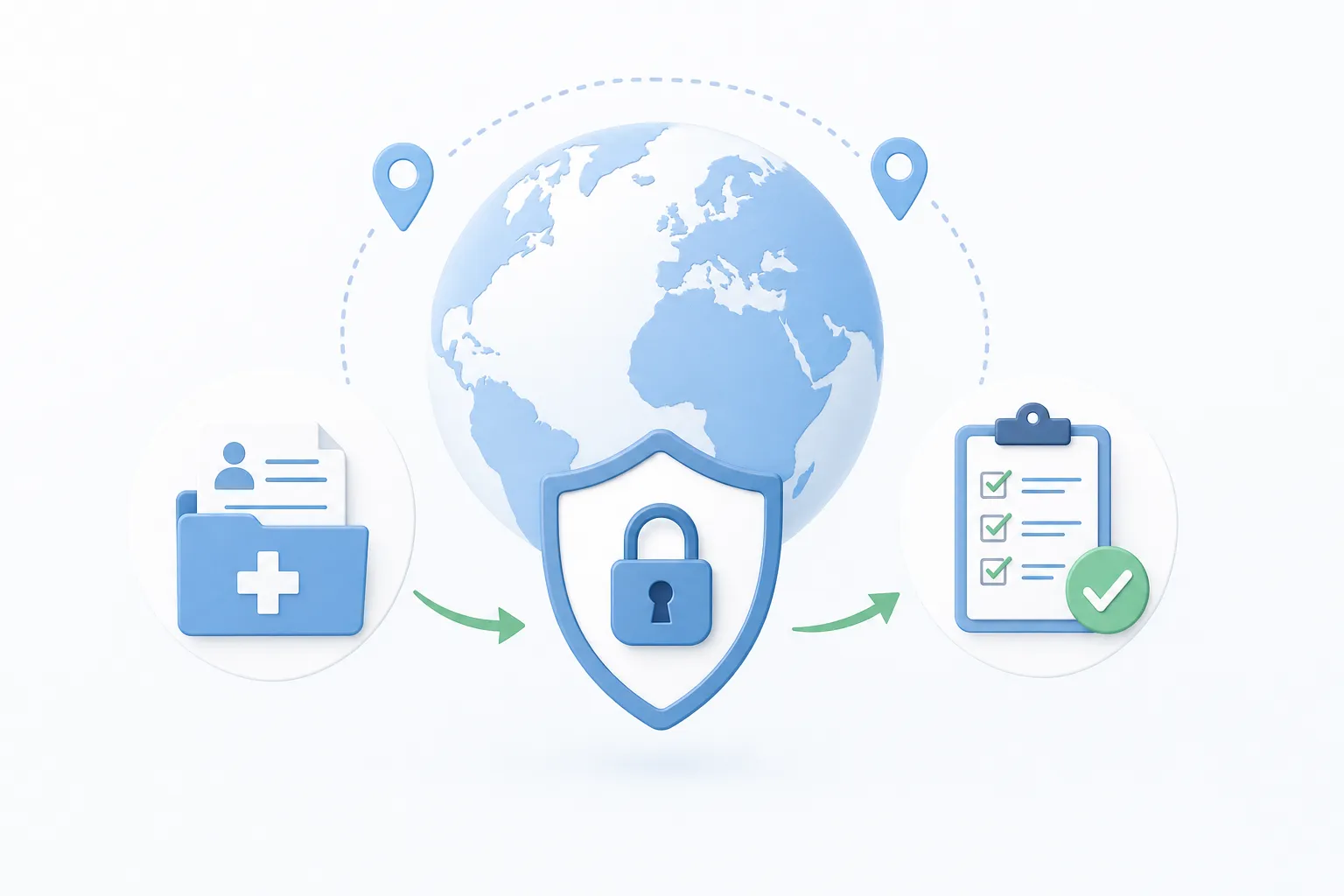 World map with data flow lines connecting clinical trial sites across continents, illustrating cross-border data transfer compliance in global studies