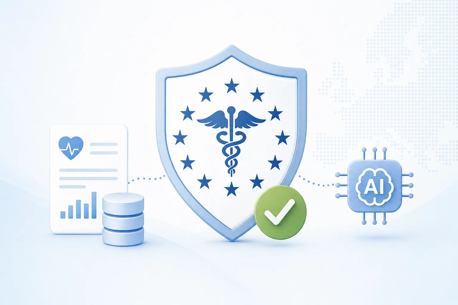 Abstract illustration of interconnected data nodes representing AI-driven clinical research, EU health data sharing and cybersecurity governance themes covered in the iliomad weekly digest.