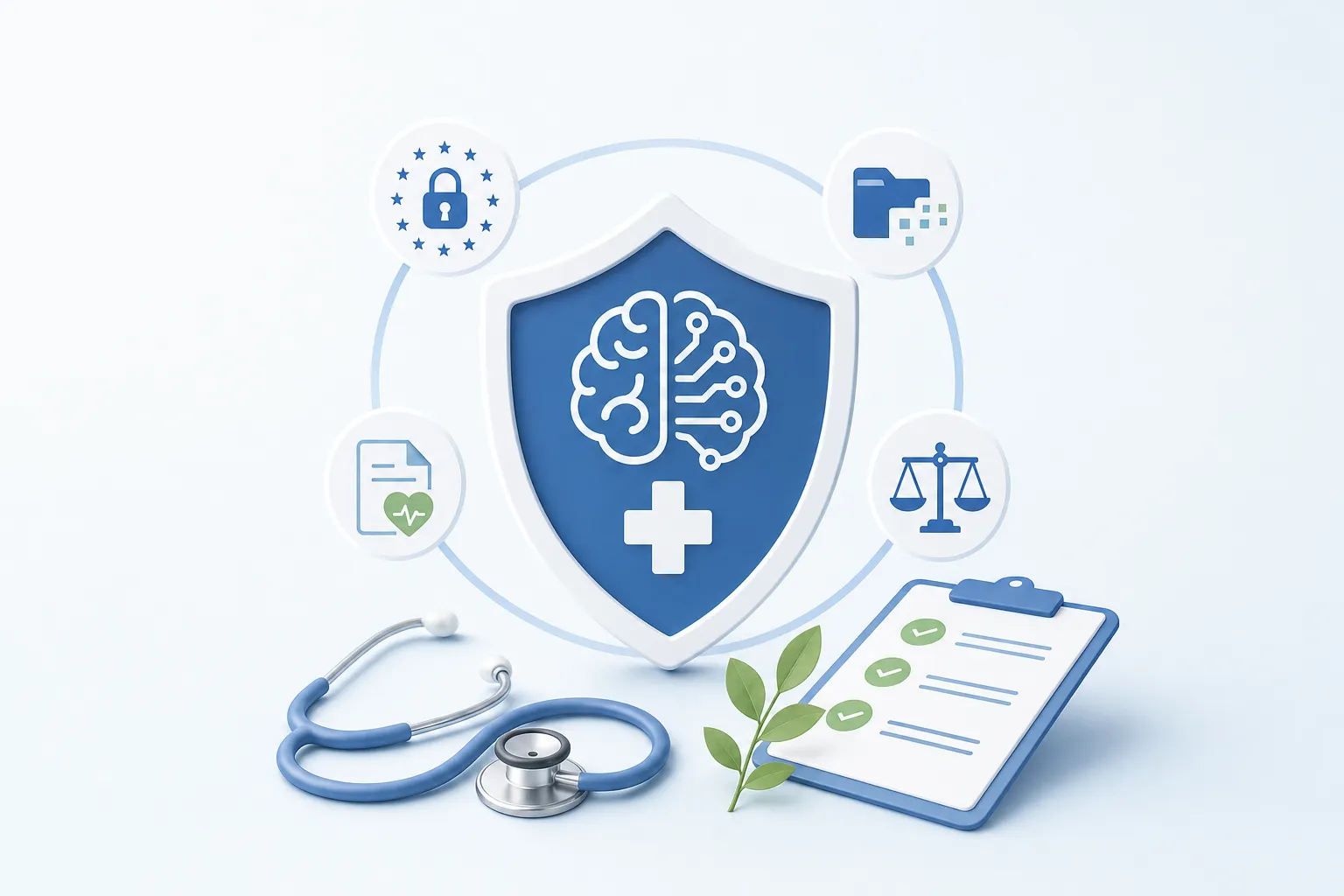 Researcher reviewing AI-generated diagnostic imaging data on a screen in a clinical trial setting, with GDPR compliance documents visible on a desk