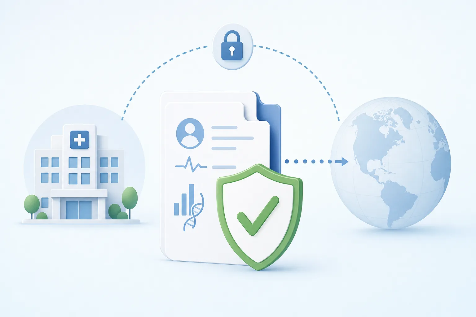 A researcher reviews a clinical site agreement alongside export control documentation for cross-border data transfer compliance