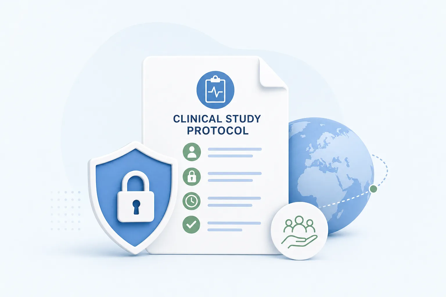 Clinical study protocol open on a desk beside a GDPR compliance checklist and a stethoscope, representing data protection obligations in clinical research