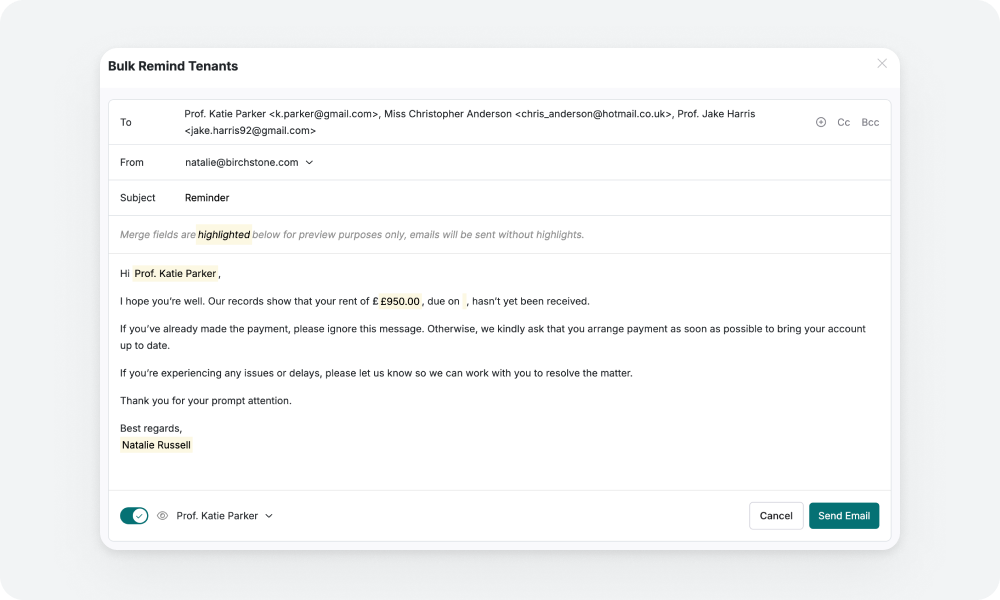 Bulk email rent arrears reminders.