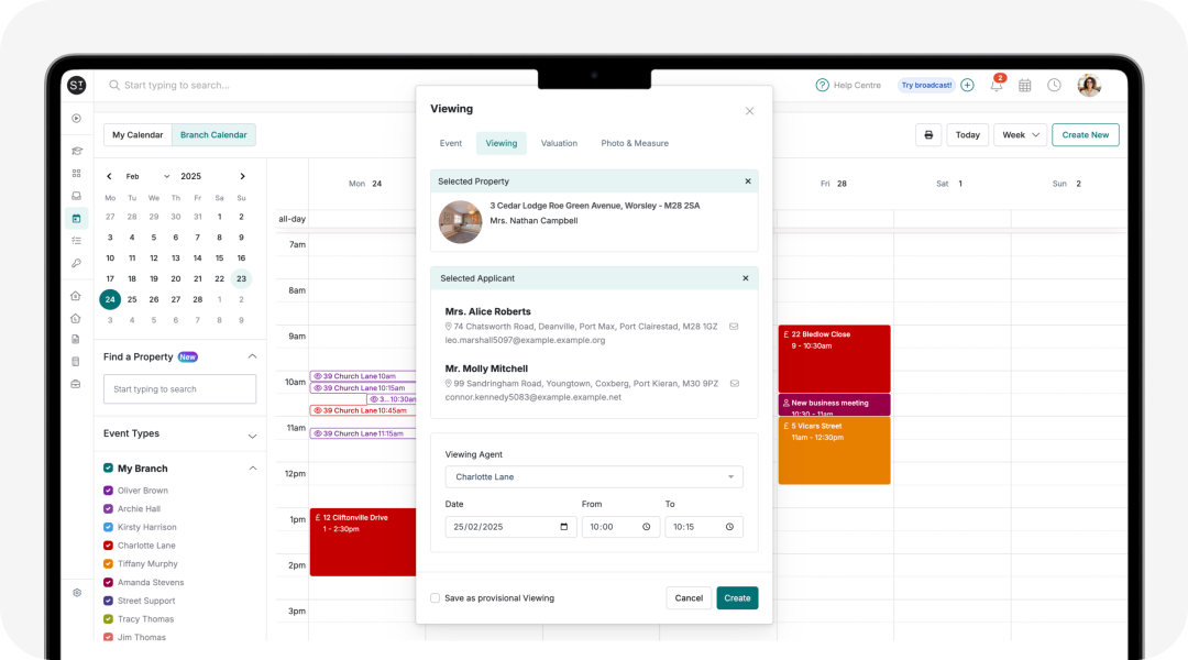 Book appointments straight from the branch calendar.