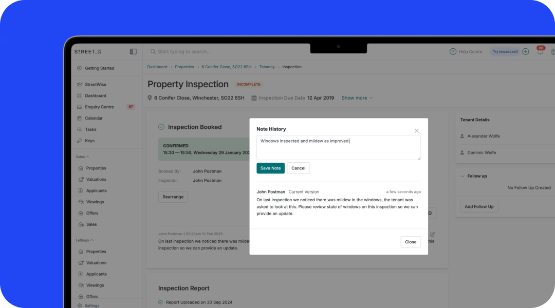 Add a note to an inspection.