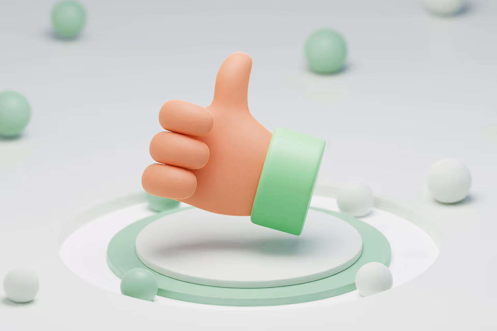 3D-Darstellung einer Hand mit grünem Ärmel, die den Daumen nach oben zeigt, umgeben von pastellgrünen und weißen Kugeln auf hellem Hintergrund.