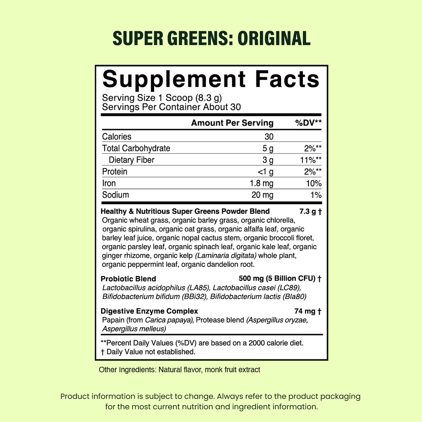 Live it Up Supergreens Supplement Fact table