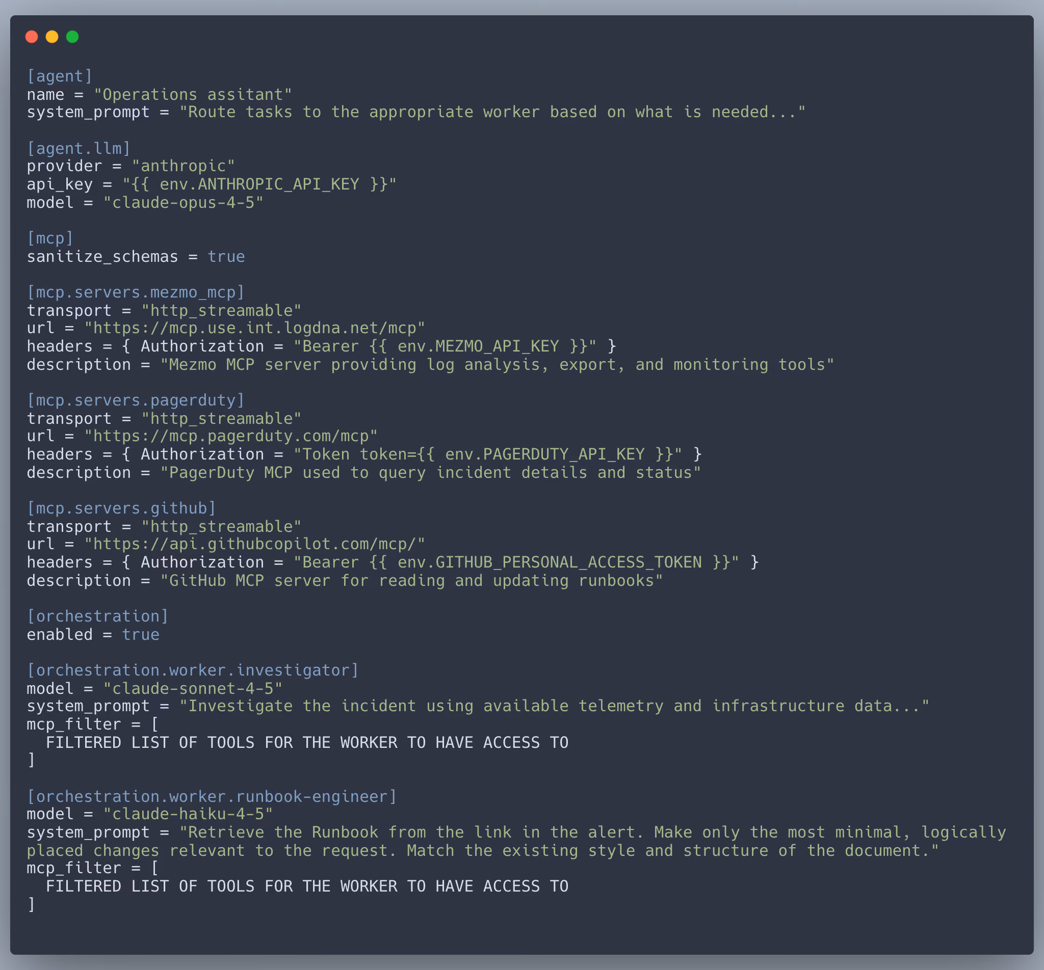 The code example described above, a Mezmo SRE orchestration TOML configuration.