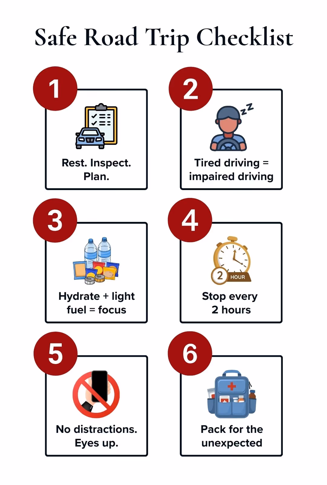 Infographic showing long distance driving safety tips like rest, hydration, and no distractions