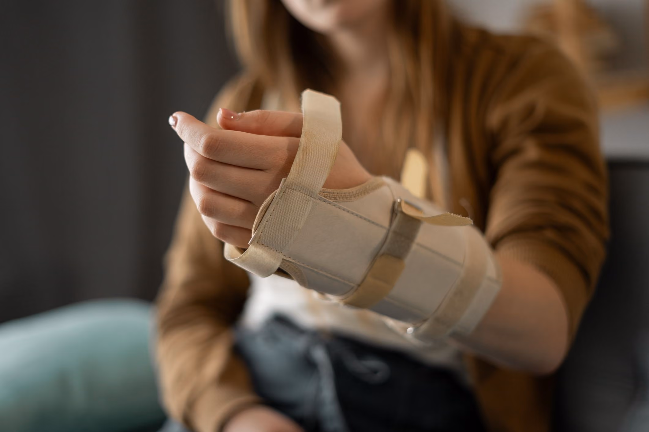 Woman wearing wrist brace after injury, representing Oviedo personal injury lawyer cases.