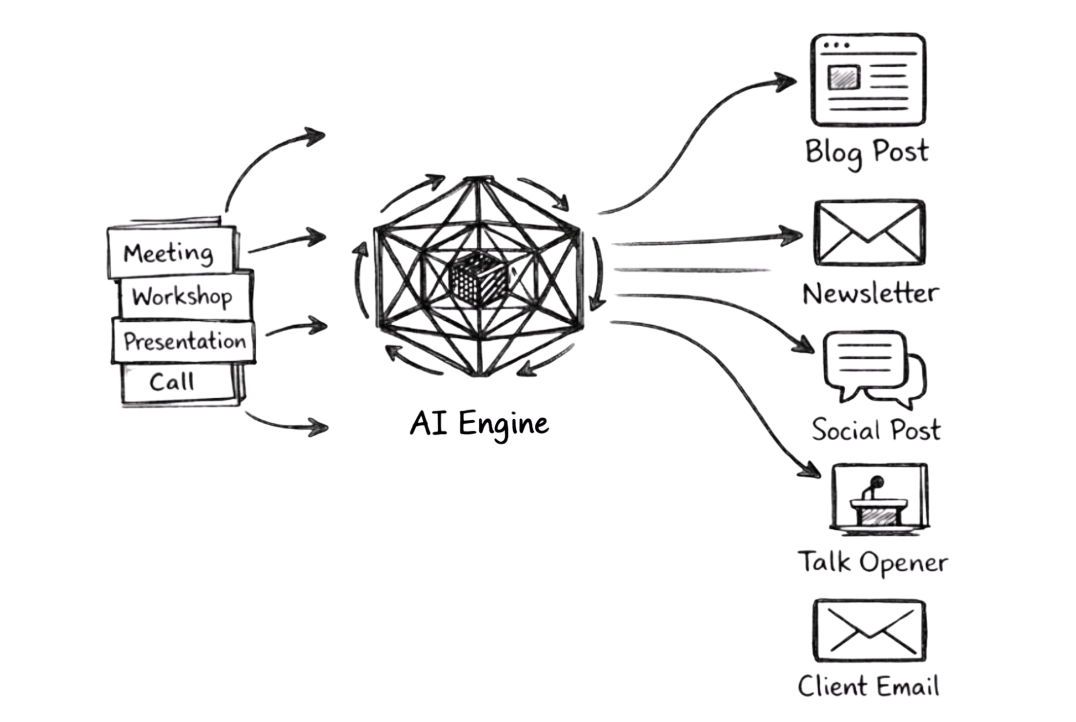 Diagram of AI Engine processing input from Messaging Playbook with elements Brand Personality, Voice/Tone, Messaging Pillars, and Core Narratives, outputting content for Blog Post, Email, and Social Media.