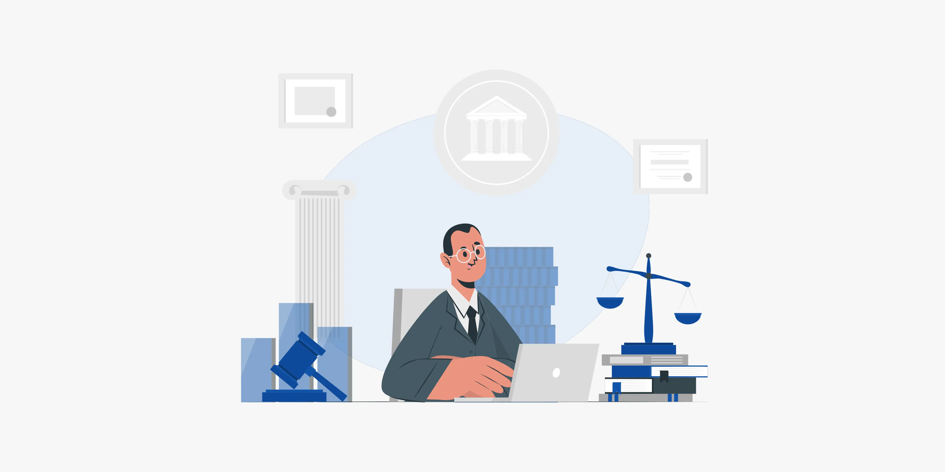 An illustration of a lawyer sitting at a desk with a laptop, surrounded by legal symbols including scales of justice, a gavel, and a classical column.