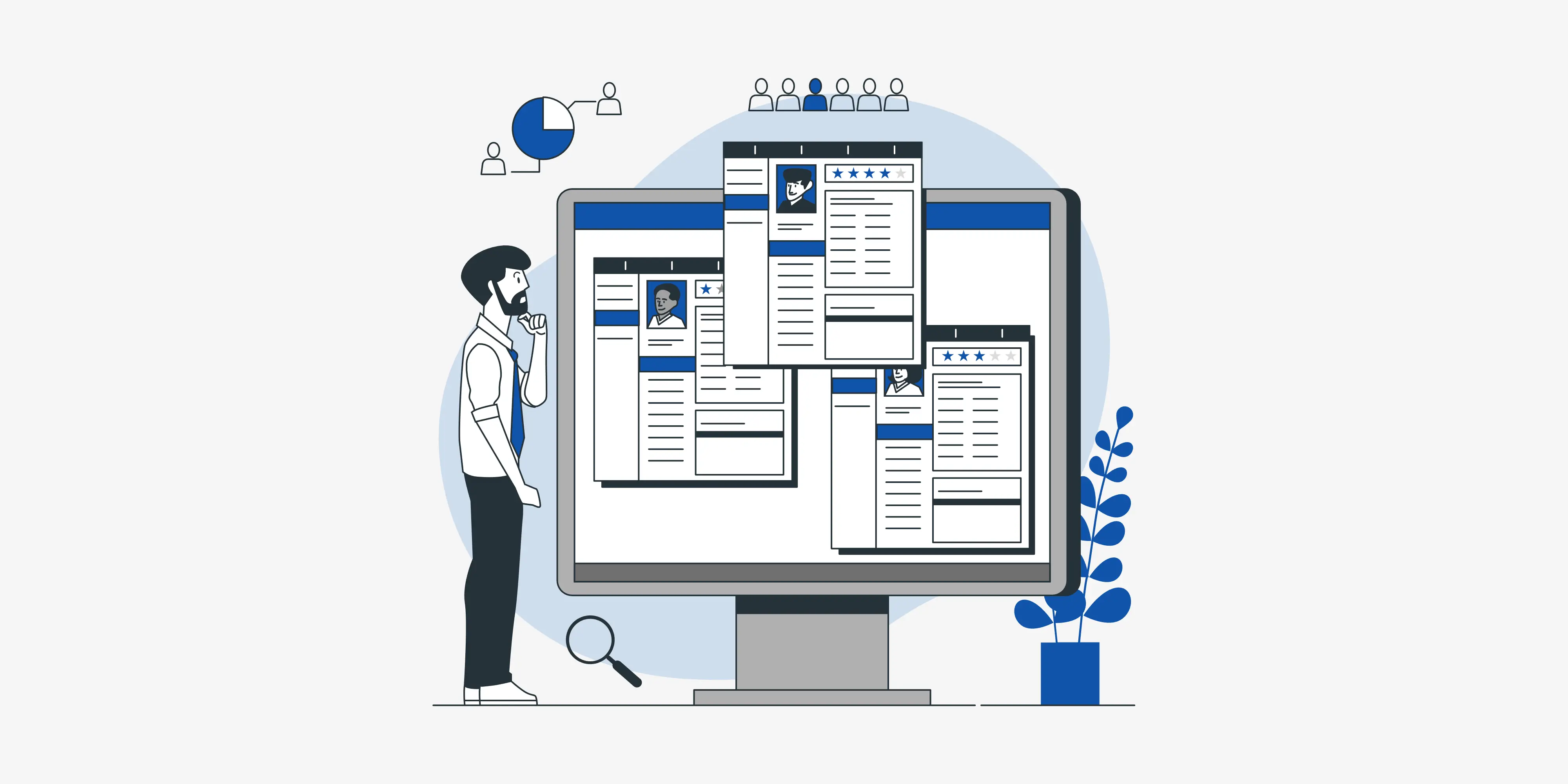 رسم توضيحي لرجل يقف أمام شاشة كمبيوتر كبيرة تعرض مجموعة من السير الذاتية (CVs) وملفات المرشحين، مع وجود أيقونات لأشخاص وعدسة مكبرة، مما يرمز إلى عملية التوظيف وفرز المتقدمين للعمل.