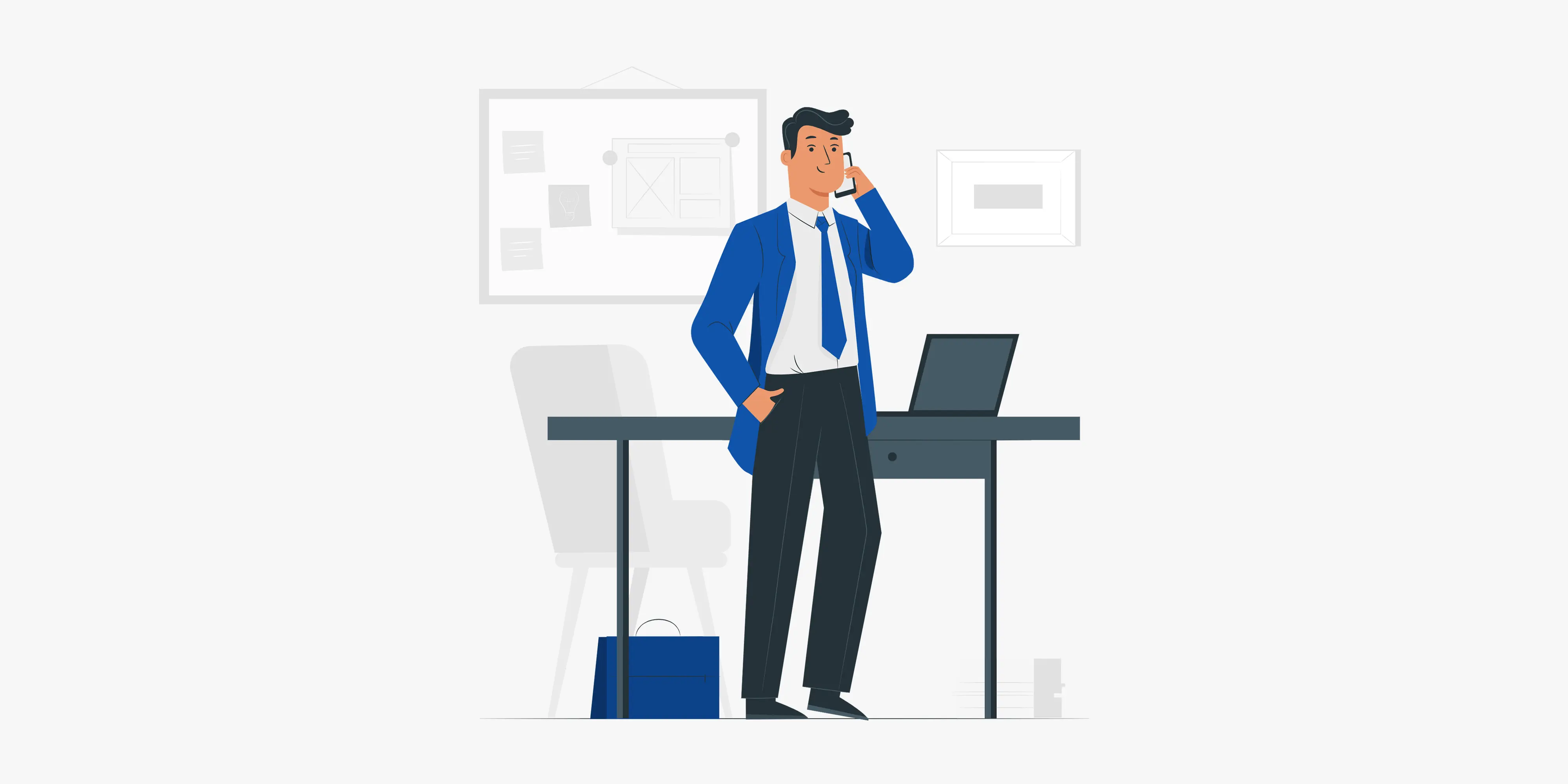 رسم توضيحي لرجل أعمال يقف في مكتبه ويتحدث عبر الهاتف المحمول، وبجانبه طاولة عمل عليها حاسوب محمول، وفي الخلفية توجد لوحة ملاحظات معلقة على الحائط، مما يرمز إلى التواصل المهني ومتابعة الأعمال.