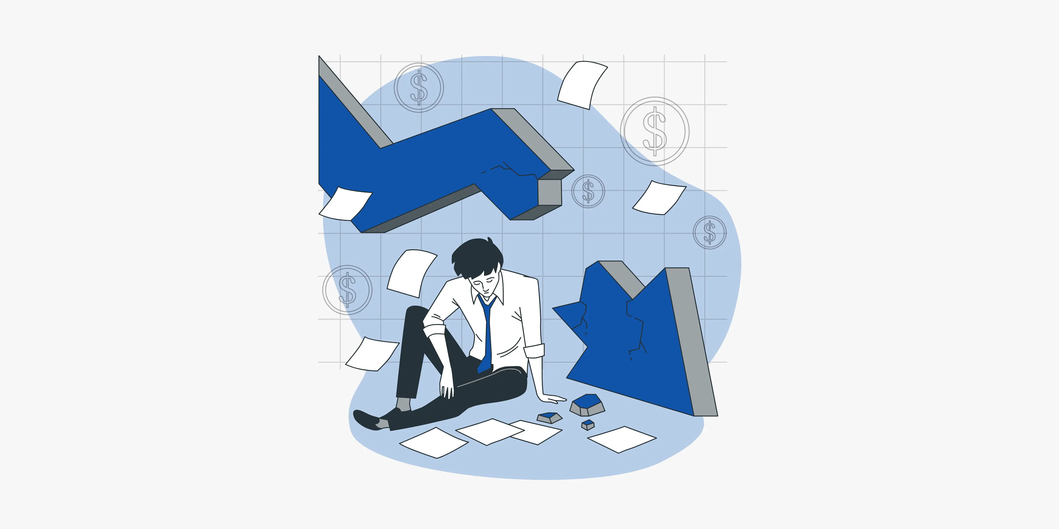 رسم توضيحي لرجل أعمال يجلس يائسًا على الأرض محاطًا بأوراق متناثرة وسهم بياني أزرق كبير مكسور، مع وجود رموز لعملات الدولار في الخلفية، مما يعبر عن الخسارة المالية الحادة أو انهيار الاستثمار.