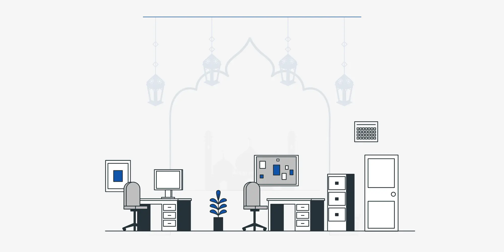رسم توضيحي لمكتب عمل حديث يحتوي على طاولات وحواسيب، وتظهر في الخلفية بشكل خافت صورة ظلية لقبة مسجد وفوانيس معلقة، مما يعبر عن أجواء شهر رمضان المبارك داخل بيئة العمل.