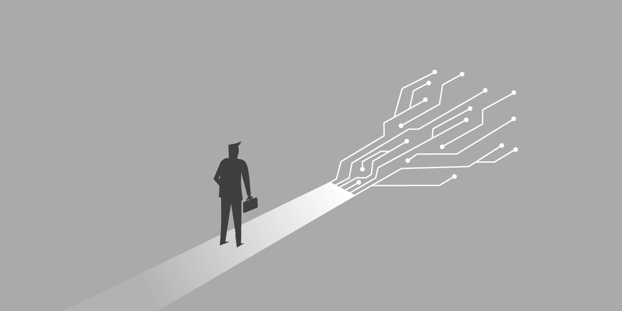 رسم توضيحي لرجل أعمال يسير نحو مسار مضيء يتفرع لدوائر إلكترونية، يمثل مفهوم التحول الرقمي في المحاسبة وضرورة رقمنة العمليات المالية مع حلول باي فلو.