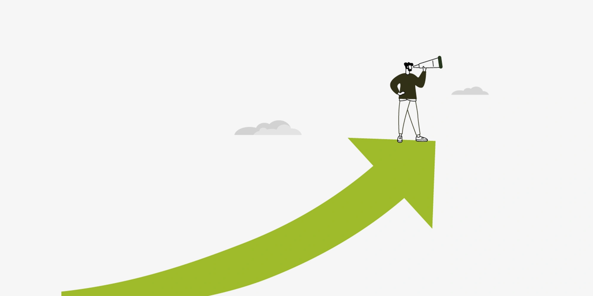 رسم توضيحي لرائد أعمال يقف فوق سهم نمو أخضر وينظر عبر منظار، يمثل التغلب على التحديات المالية للشركات الناشئة وإيجاد حلول عملية لتنظيم الدفاتر مع باي فلو.