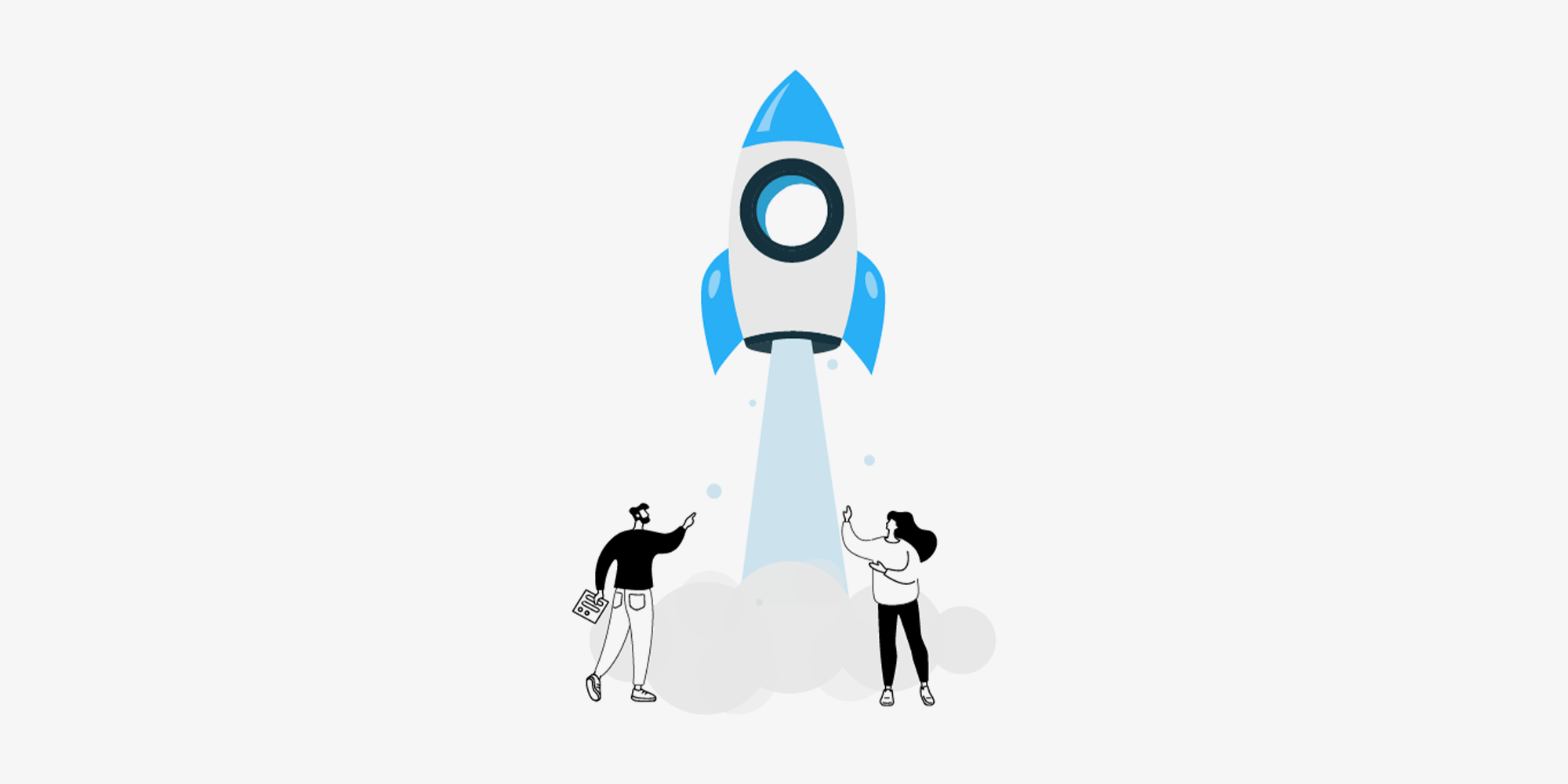 رسم توضيحي لانطلاق صاروخ يمثل نجاح فريق عمل يطبق منهجية أجايل، يوضح أدوار مالك المنتج وسكرام ماستر لبناء شركة مرنة ومضاعفة الأرباح بذكاء.
