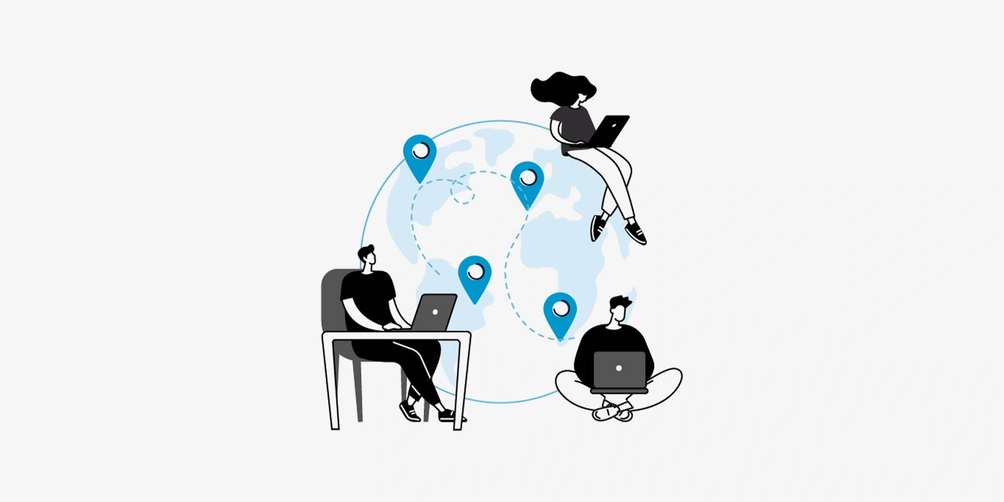 رسم توضيحي لأشخاص يعملون على أجهزة لابتوب حول العالم، يمثل الفرق بين المحاسبة الداخلية والخارجية والتعاون مع باي فلو لتوفير النفقات ونمو الشركات الناشئة.