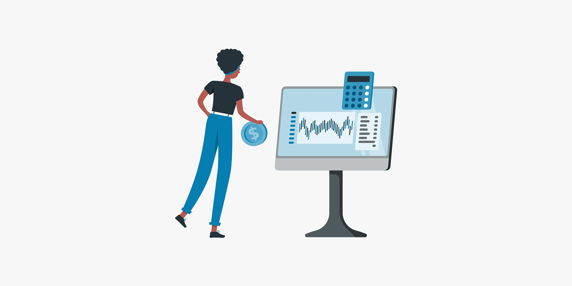 رسم توضيحي لرائد أعمال يحاول إدارة حساباته بنفسك أمام شاشة تعرض رسوماً بيانية معقدة، يمثل مخاطر المحاسبة الذاتية التي قد تؤدي لغرامات ضريبية وتهدد استقرار الشركة.