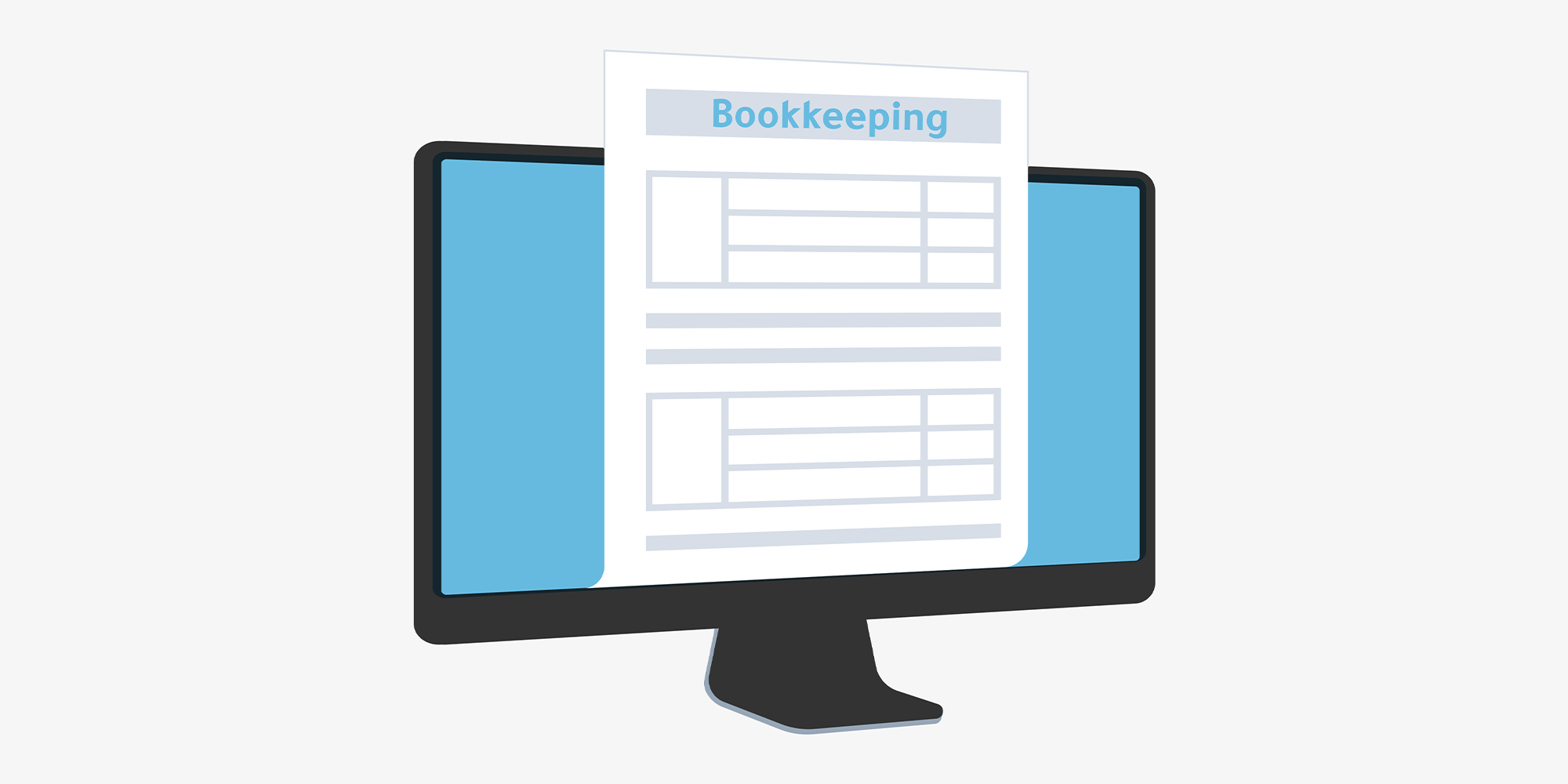رسم توضيحي لشاشة كمبيوتر تعرض مستند "Bookkeeping" وجداول حسابية، يمثل الفرق بين مسك الدفاتر والمحاسبة وكيفية تنظيم السجلات المالية بدقة مع باي فلو.