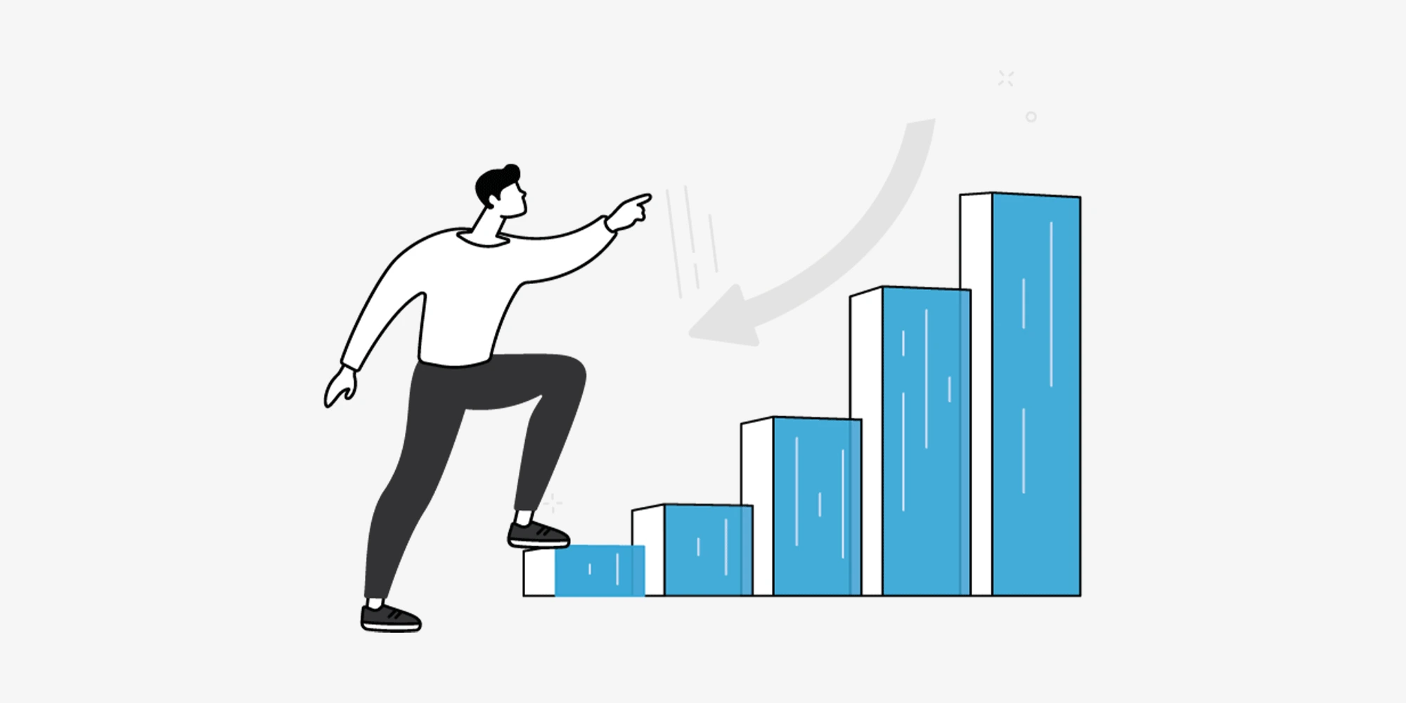 رسم توضيحي لشخص يصعد أعمدة بيانية متصاعدة، يمثل أهمية تجنب الأخطاء المحاسبية لضمان نجاح واستمرار نمو الشركات الناشئة وتجنب المخاطر المالية.