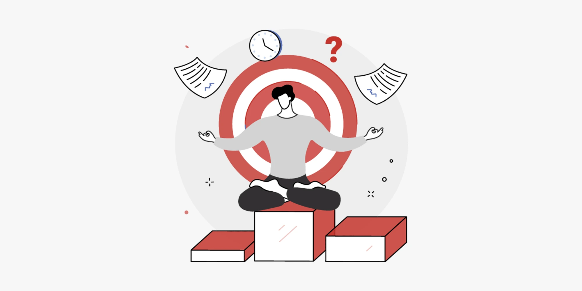 رجل يمارس التأمل وسط أوراق مالية وساعة، يرمز إلى تحقيق الهدوء والثقة عند التعامل مع التزامات تقديم إقرار ضريبة القيمة المضافة وتجنب الغرامات والمخالفات.