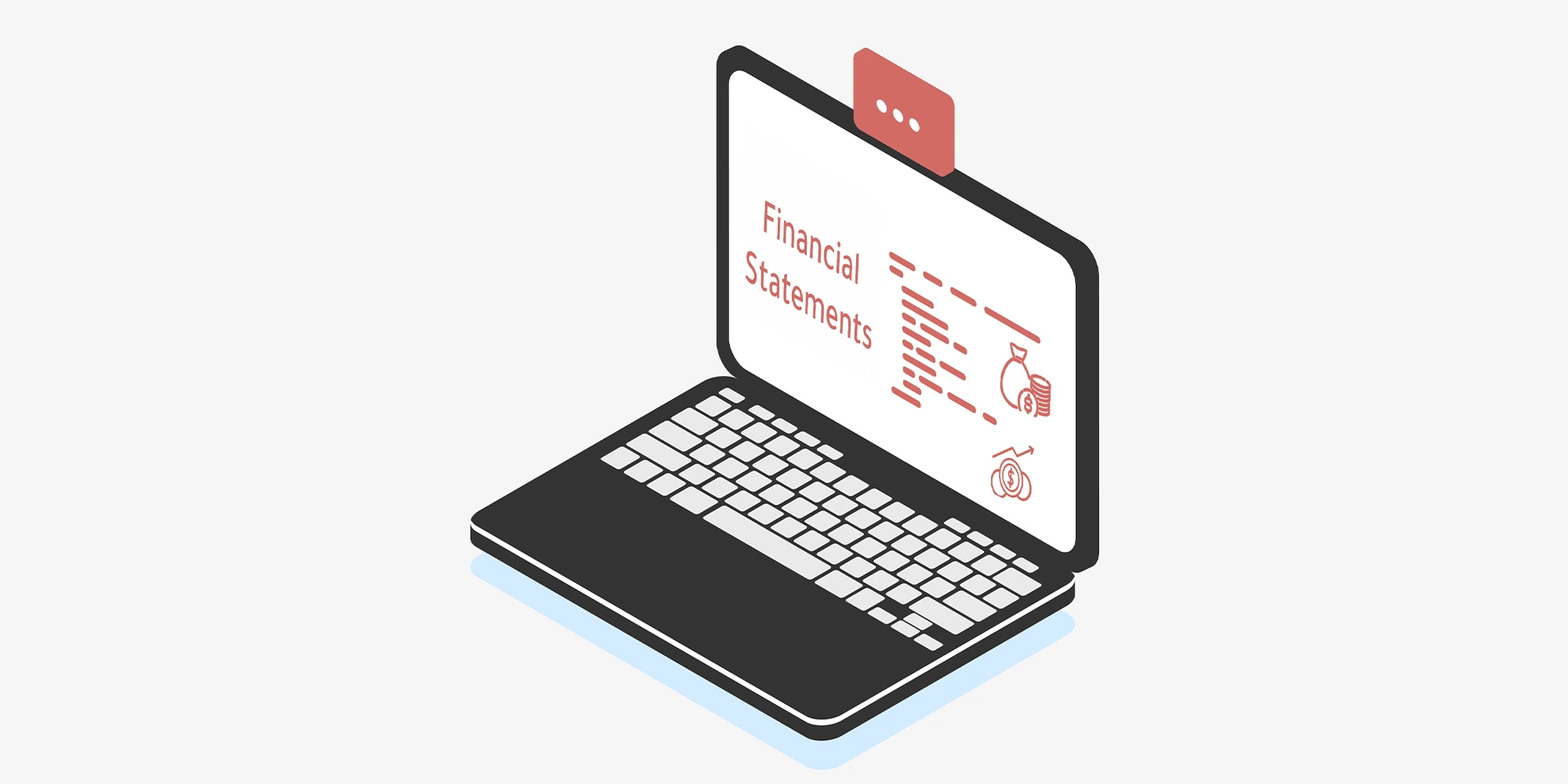 رسم توضيحي لجهاز لابتوب يعرض أيقونات القوائم المالية (Financial Statements)، يمثل أهمية التقارير المالية للمشاريع الناشئة في جذب المستثمرين والحصول على التمويل.