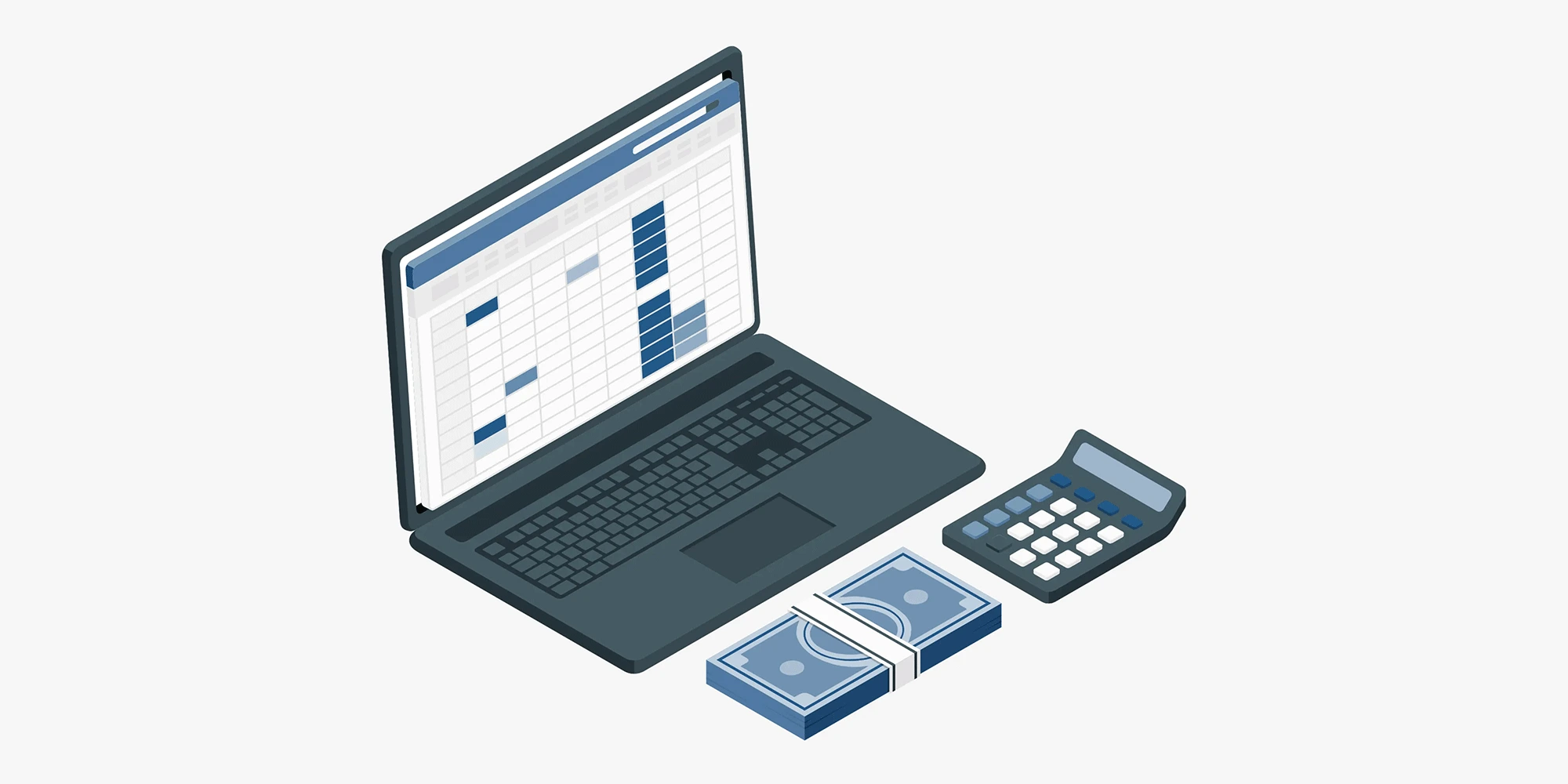 حاسوب محمول يعرض جداول محاسبية ورسومات بيانية مع آلة حاسبة وحزمة نقود، يرمز إلى مقارنة واختيار أفضل أنواع برامج المحاسبة (مثل برامج ERP) لتنفيذ المهام المالية.