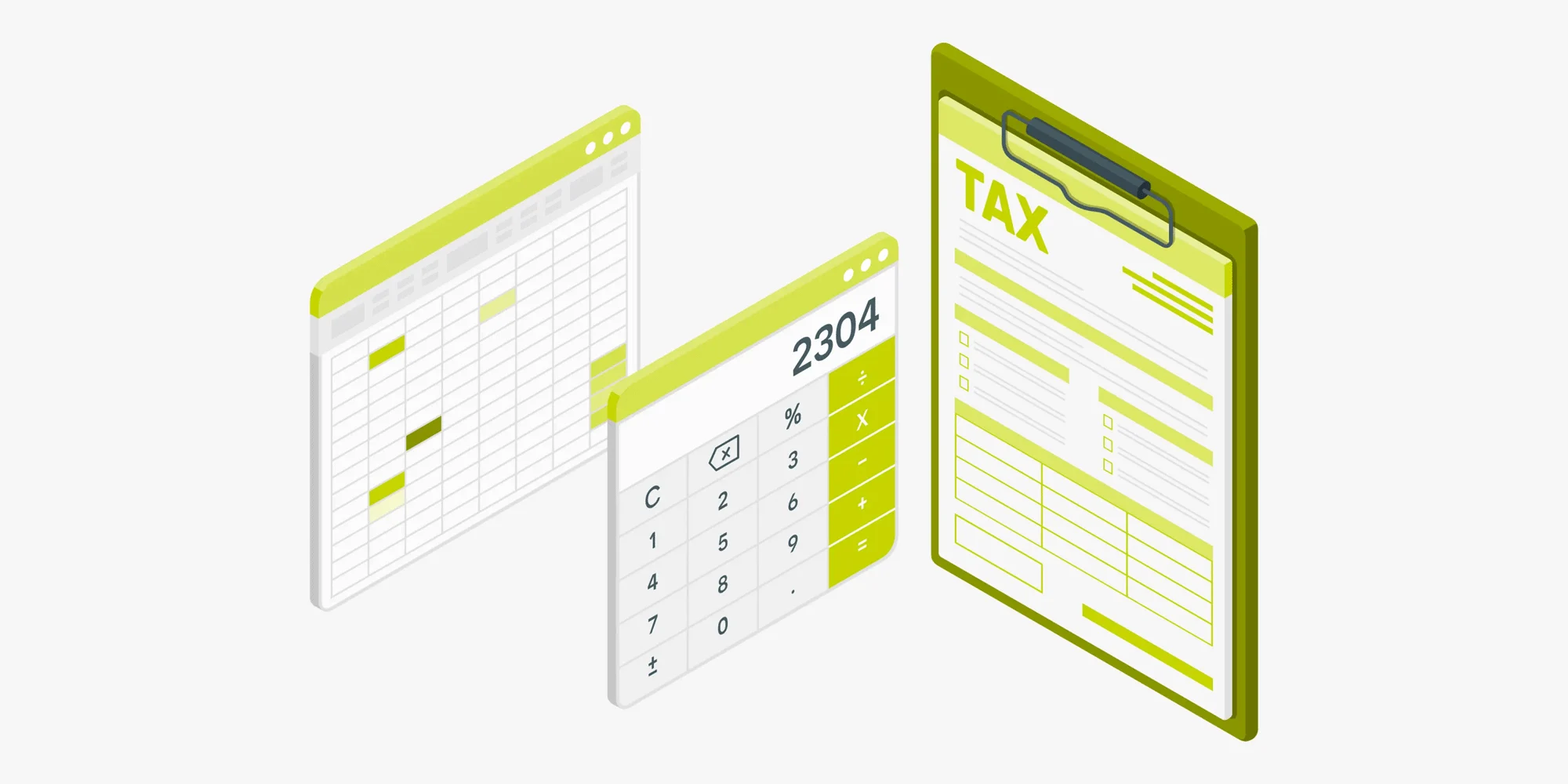 صورة إيزومترية لنموذج ضريبة إلكتروني (TAX) وجداول بيانات وآلة حاسبة رقمية، ترمز إلى الالتزام الكامل بالقوانين الضريبية وتجنب مخاطر التهرب الضريبي والعقوبات القانونية.