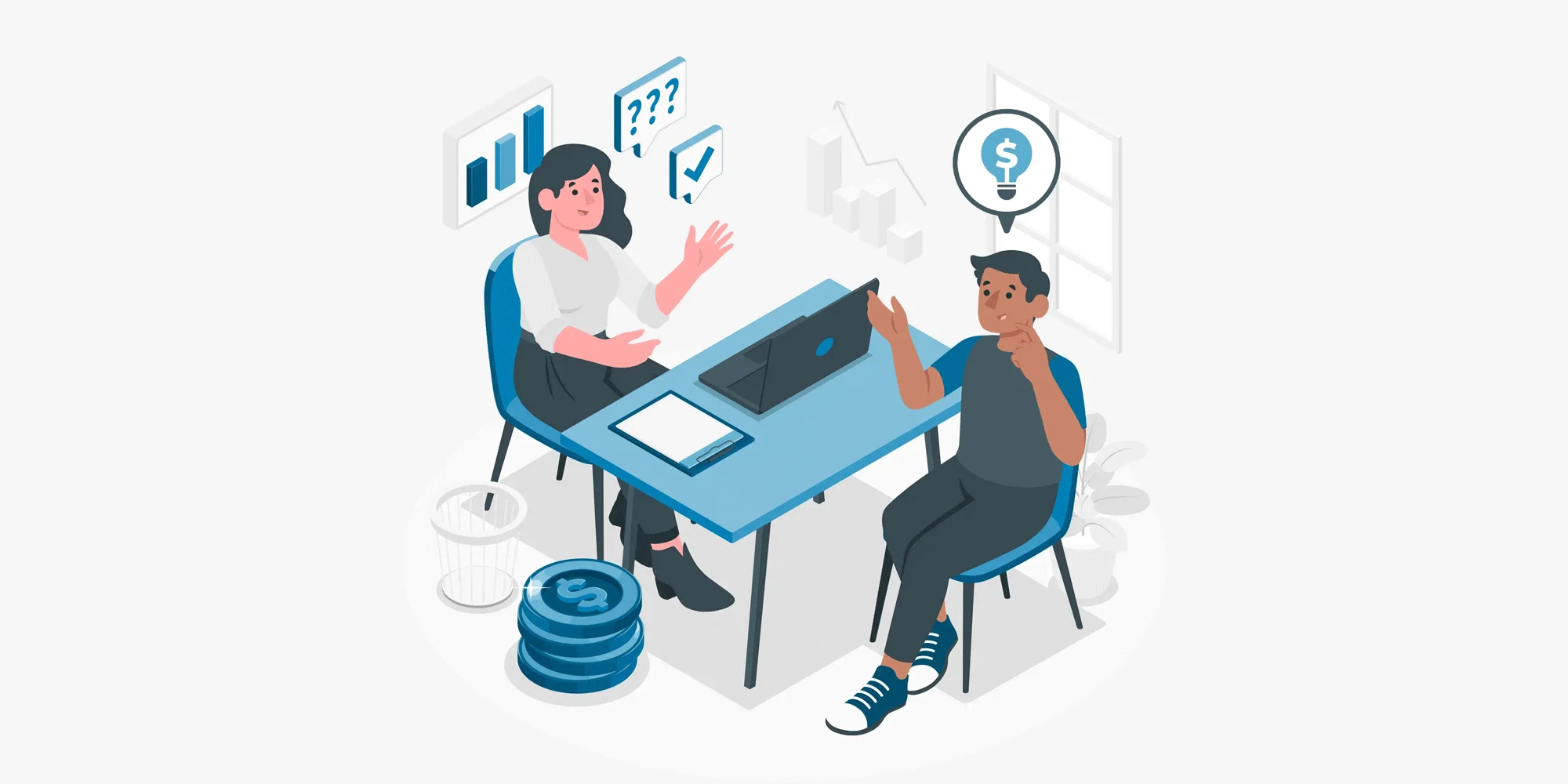 المحاسبة الاستشارية لتحسين الكفاءة: رسم توضيحي لجلسة استشارية بين محاسب وصاحب عمل تهدف إلى اتخاذ قرارات صائبة وتقليل التوتر المالي لضمان النمو والنجاح المالي للشركة.