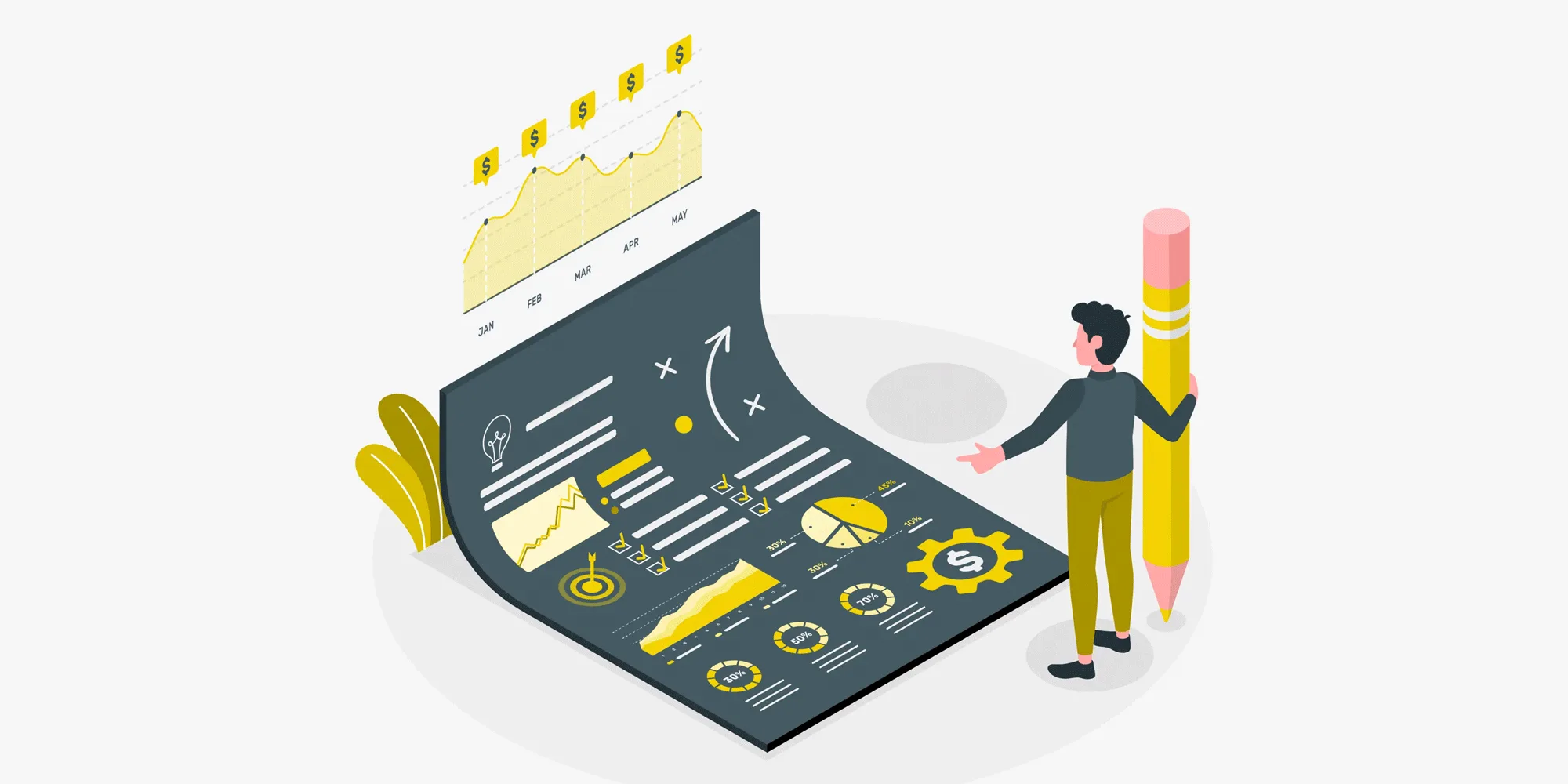 رجل يشير إلى تقرير مالي كبير يحتوي على رسوم بيانية ومؤشرات أداء، يرمز إلى أهمية إعداد التقارير المالية واتخاذ القرارات الاستراتيجية بعد تحليل البيانات خطوة بخطوة.