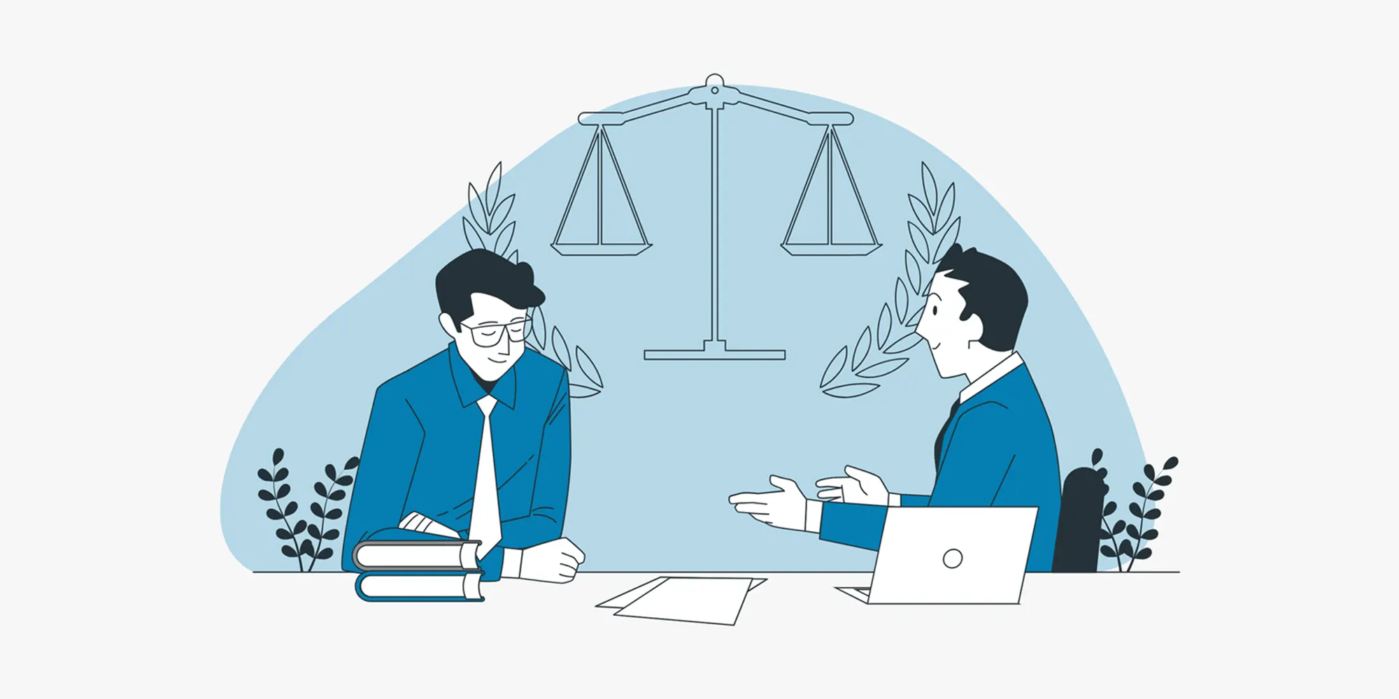 محاسب قانوني يقدم استشارة لعميل مع ميزان العدل في الخلفية يرمز للسلامة المالية والتدقيق القانوني.