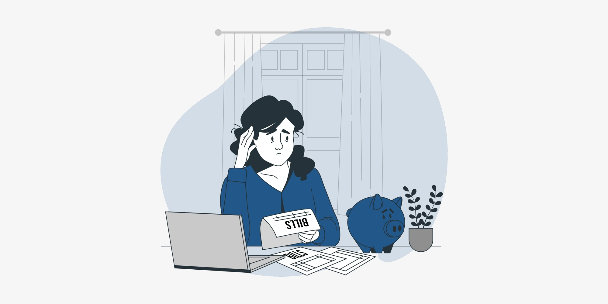 سيدة أعمال تجلس خلف مكتبها وعلامات التفكير والقلق تظهر عليها وهي تحمل فواتير، مع وجود حصّالة نقود وأوراق مالية، يرمز للمشاكل المحاسبية التي تواجه الشركات الناشئة وضرورة الحصول على خدمات محاسبية متكاملة.