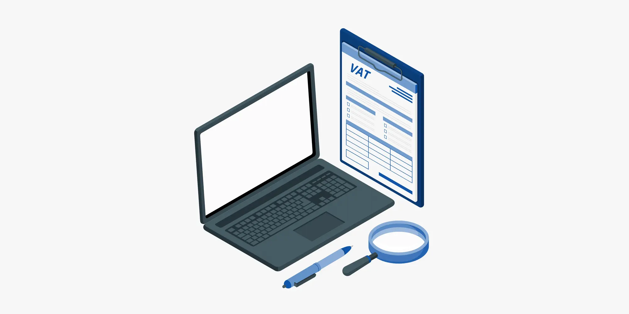 صورة حاسوب محمول ونموذج ضريبة القيمة المضافة (VAT) يتم تدقيقه بواسطة عدسة مكبرة، ترمز لعملية التخطيط الضريبي الاحترافية التي تضمن الاستقرار المالي للمشروع.