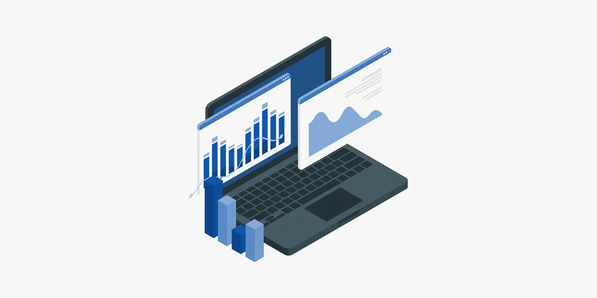 رسم توضيحي لجهاز لابتوب تنبثق منه رسوم بيانية متطورة، يرمز لاستراتيجيات تحسين الأداء المالي للشركات والتعلم من دروس 2024 لتعزيز الكفاءة وضمان نجاح المشروع.