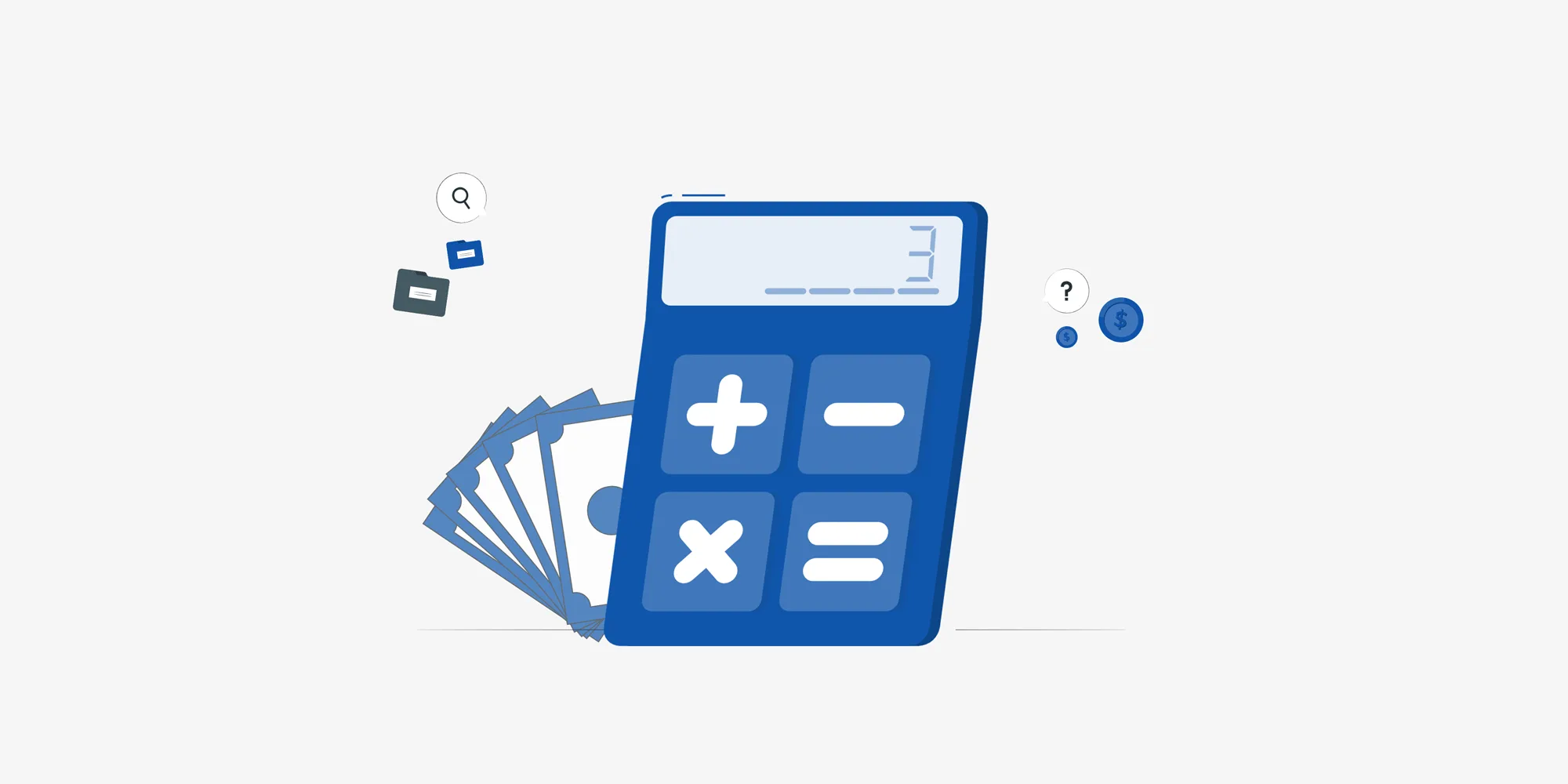 رسم توضيحي لآلة حاسبة زرقاء مع أوراق نقدية وعدسة مكبرة، يرمز إلى تطبيق المعايير الدولية لإعداد التقارير المالية (IFRS) لتعزيز الشفافية وجذب الاستثمار العالمي.