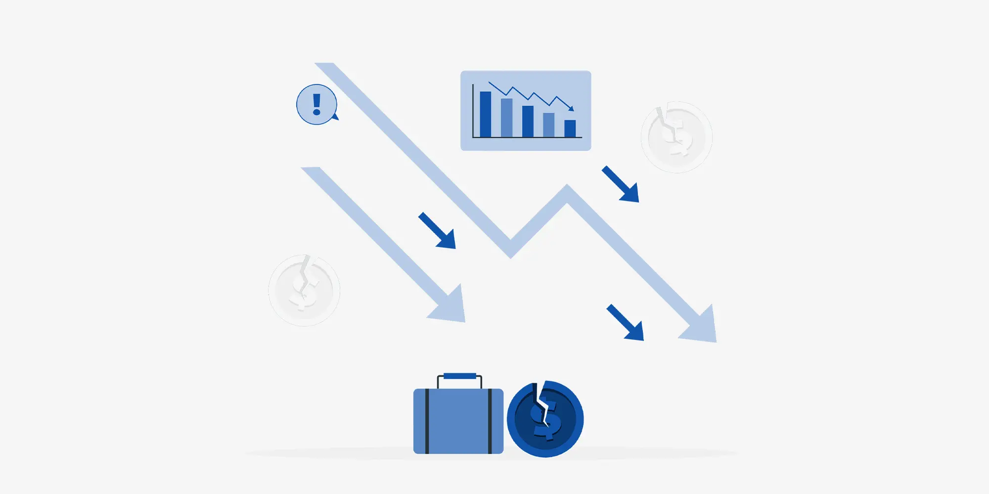 رسم توضيحي لأسهم زرقاء متعددة تشير إلى الأسفل مع رسم بياني متراجع وأيقونة لعملة دولار مكسورة بجانب حقيبة عمل، مما يرمز إلى تدهور الأرباح، ارتفاع التكاليف، أو التأثير المالي السلبي.