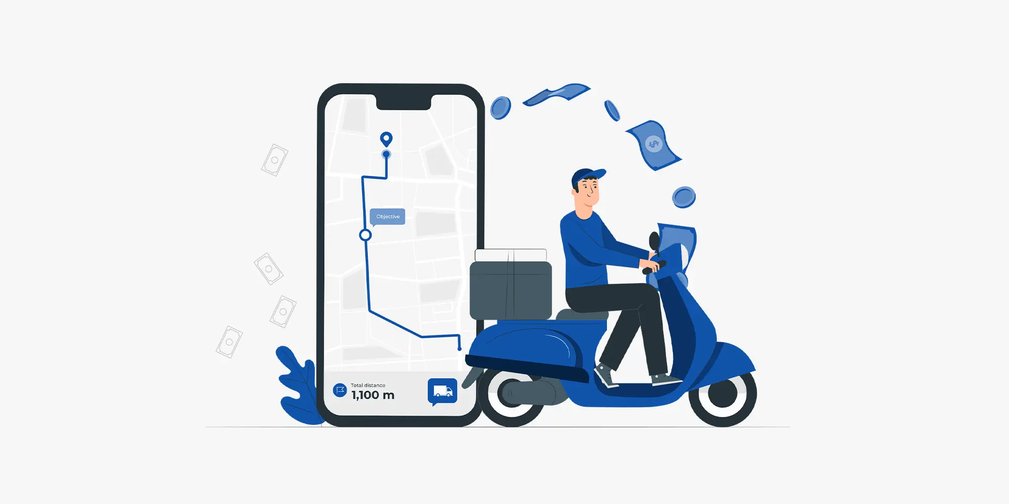 سم توضيحي لعامل توصيل يقود دراجة نارية زرقاء وبجانبه هاتف ذكي كبير يعرض خريطة تتبع المسار وموقع التسليم، مع وجود نقود وعملات تتطاير في الخلفية، مما يرمز إلى لوجستيات التوصيل، تتبع الشحنات، أو تكاليف وأرباح خدمات التوصيل.
