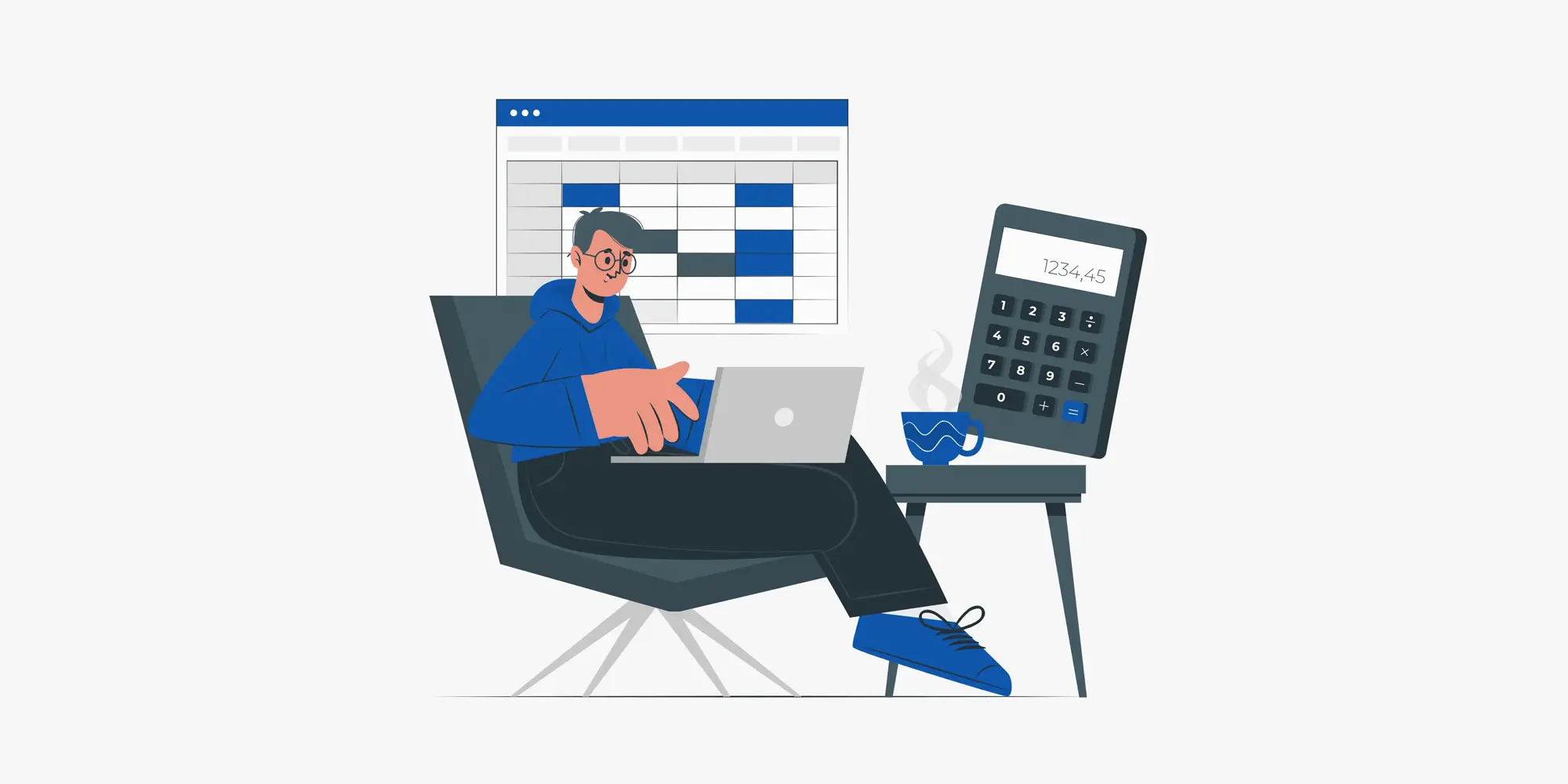 رسم توضيحي لمحاسب يعمل عن بُعد على جهاز لابتوب بجانب آلة حاسبة وجدول بيانات، يمثل المقارنة بين المحاسبة التقليدية والمحاسبة عن بُعد لاختيار الحل الأمثل لنمو شركتك.