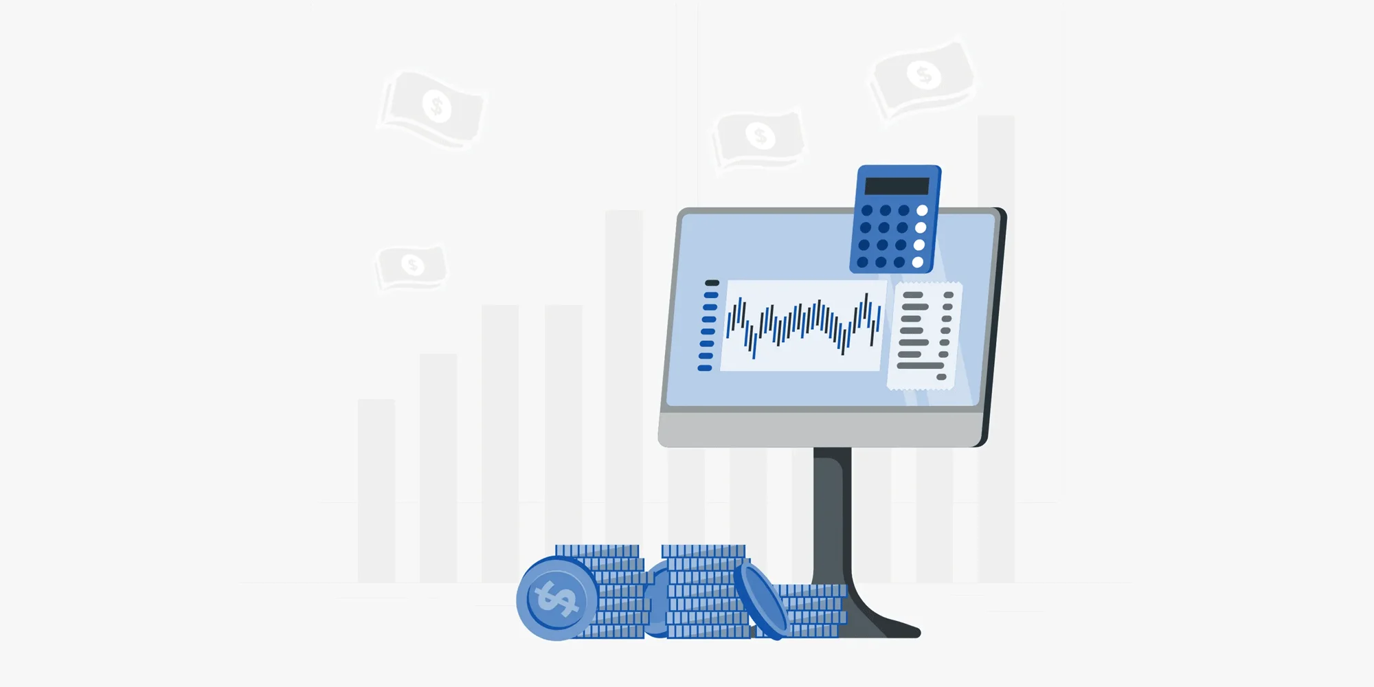 شاشة حاسوب تعرض رسماً بيانياً للتدفقات المالية مع آلة حاسبة وعملات، ترمز لاستخدام الموازنة التقديرية كبوصلة لإدارة التدفق النقدي وحماية سيولة المشروع من العشوائية وضمان الربح.