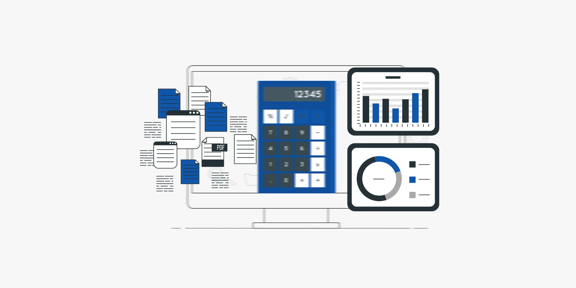 شاشة حاسوب تعرض أدوات تحليل البيانات المالية من تقارير ورسوم بيانية وآلة حاسبة، ترمز إلى دور التنبؤ المالي وإدارة المخاطر في اتخاذ قرارات ذكية تضمن استقرار ونمو المشروع.