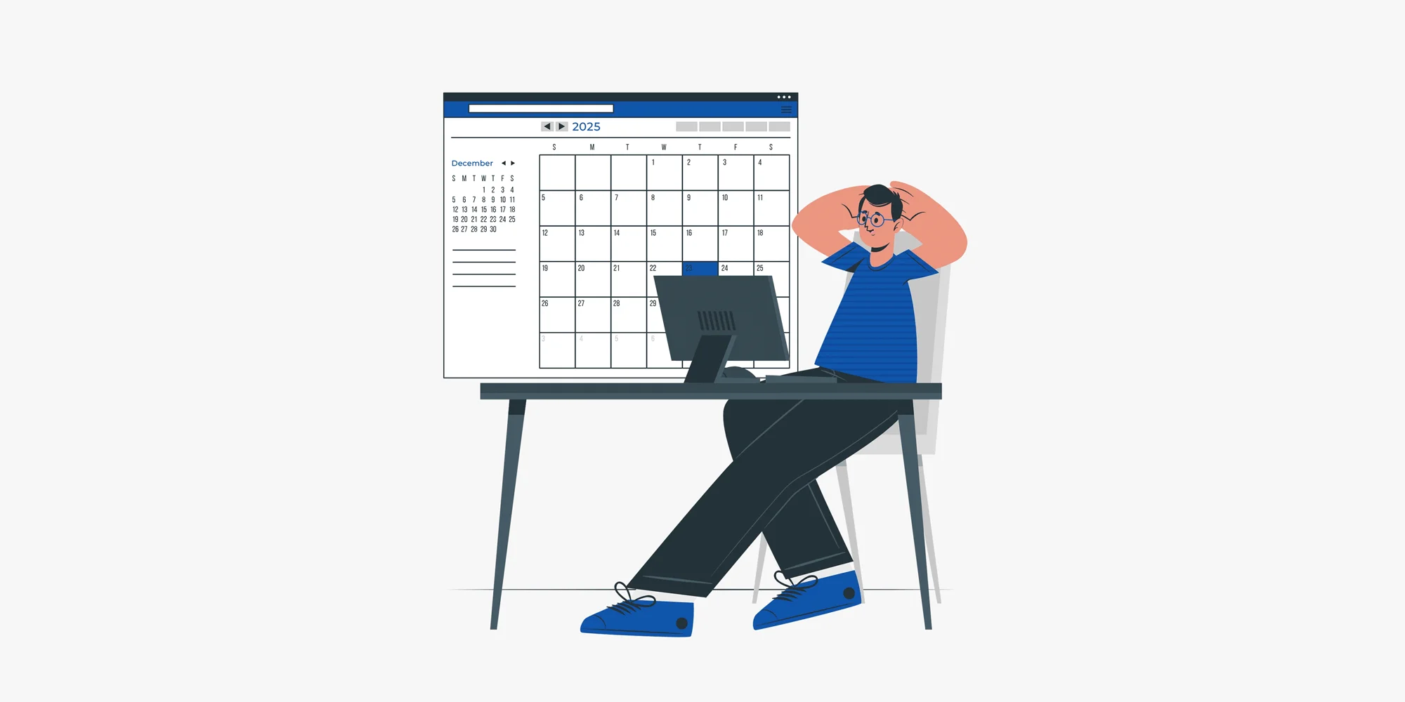 Calm CEO sitting at his desk, with December calendar