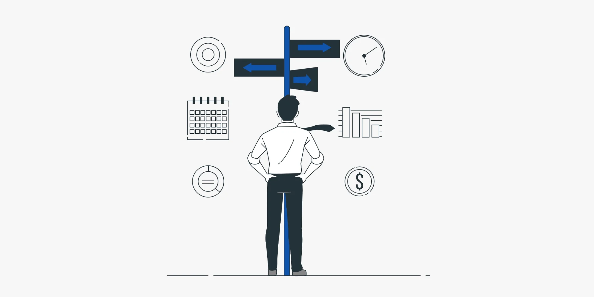 An illustration of a man standing with his hands on his hips, facing a signpost with arrows pointing in different directions. He is surrounded by business icons including a target, clock, calendar, charts, and a dollar sign, symbolizing decision-making and strategic planning.