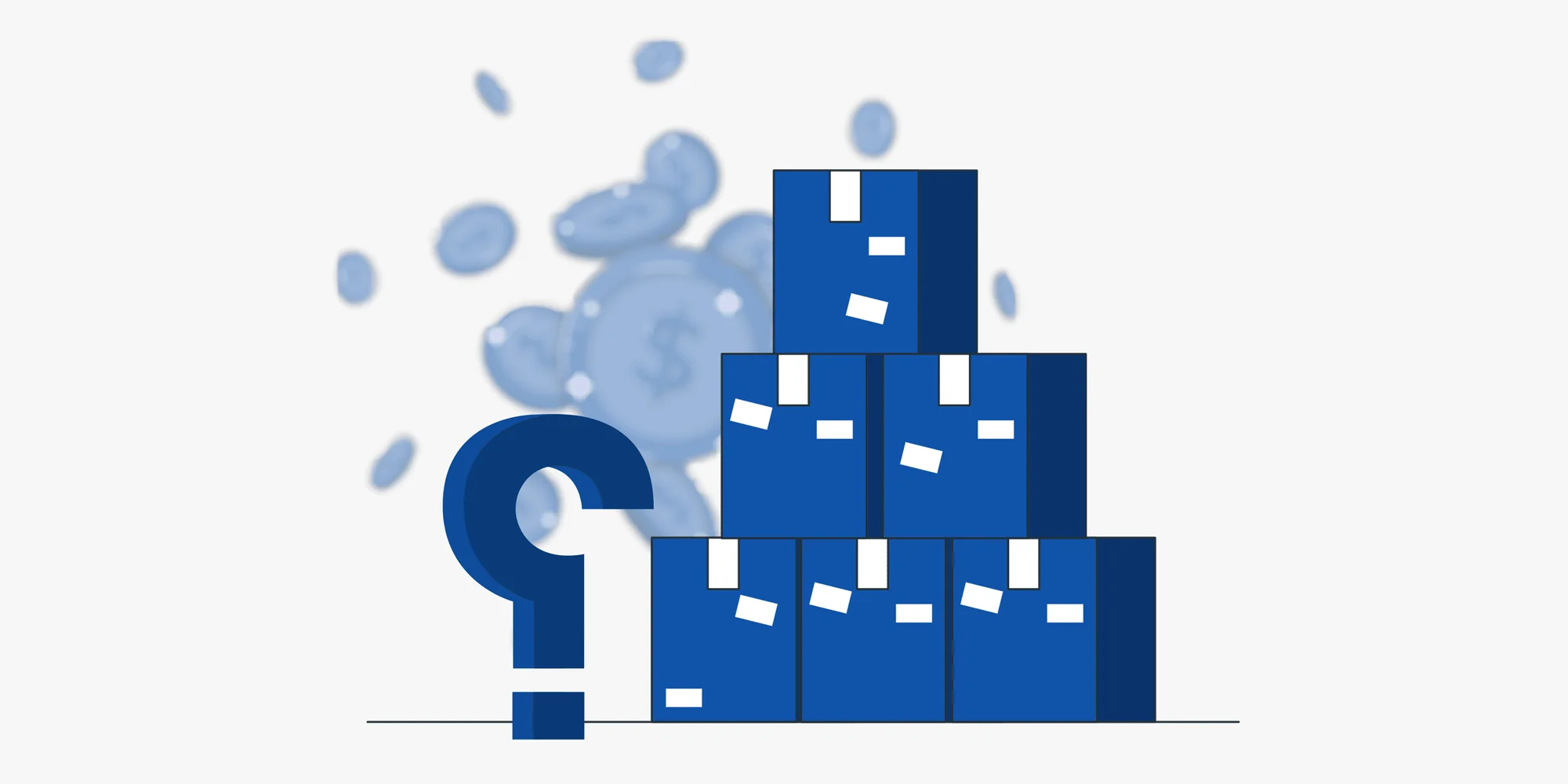 An illustration of a stack of blue shipping boxes positioned next to a large question mark. In the background, blurred coins with dollar signs float in the air, representing shipping costs or pricing inquiries.