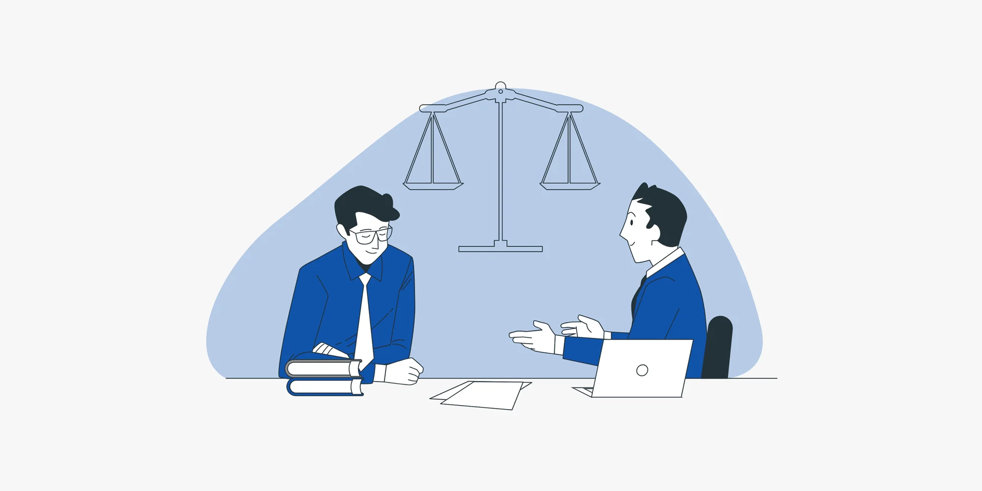 An illustration of a consultation meeting between two men at a desk with a laptop and documents. One man is gesturing while explaining something to the other, with a large scales of justice symbol in the background, indicating a legal advisory session.
