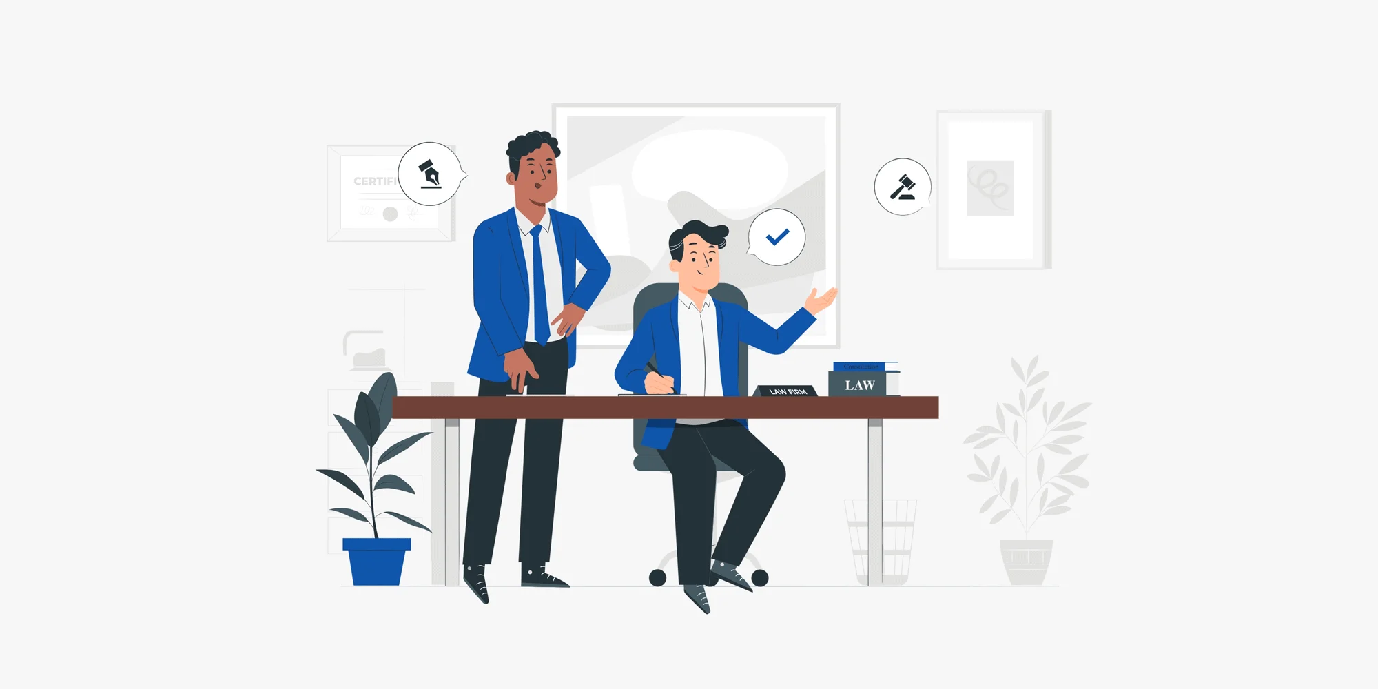 An illustration of a man sitting at a desk in a law firm, signing a document, while another man stands beside him. Speech bubbles containing a gavel, a signature, and a checkmark float above them, symbolizing the successful finalization of a legal agreement or contract.