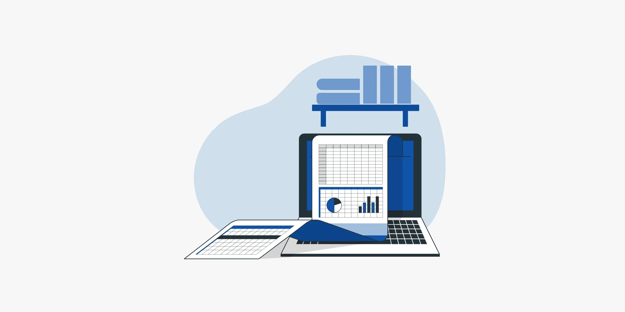 An illustration of an open laptop with a document scrolling out of the screen, featuring a pie chart, bar graph, and data grid. A spreadsheet lies flat on the surface in front of the laptop, and a shelf with binders appears in the background, representing financial reporting or data analysis